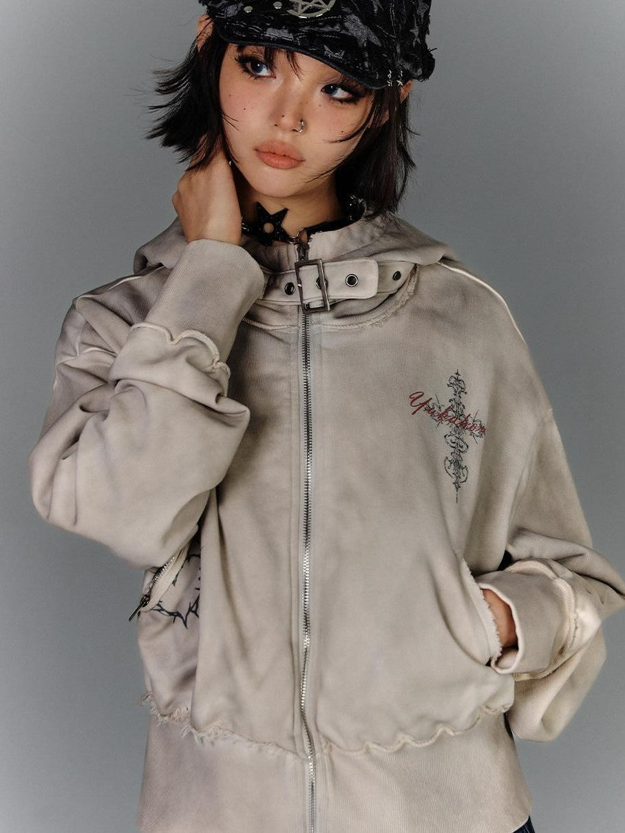 YUKAHOUSE Distressed Washed Zipper Biker Collar Women's Cotton Blend Casual Jackets