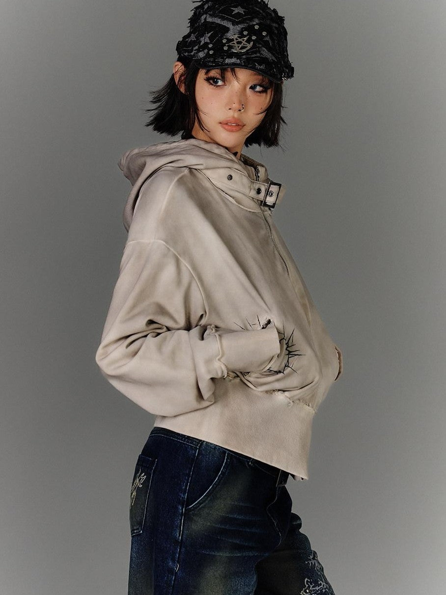 YUKAHOUSE Distressed Washed Zipper Biker Collar Women's Cotton Blend Casual Jackets