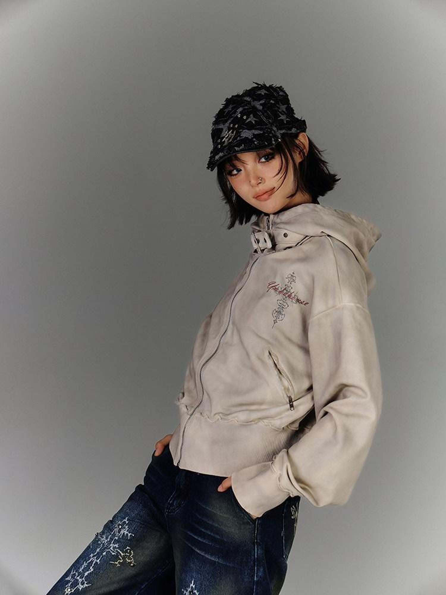 YUKAHOUSE Distressed Washed Zipper Biker Collar Women's Cotton Blend Casual Jackets