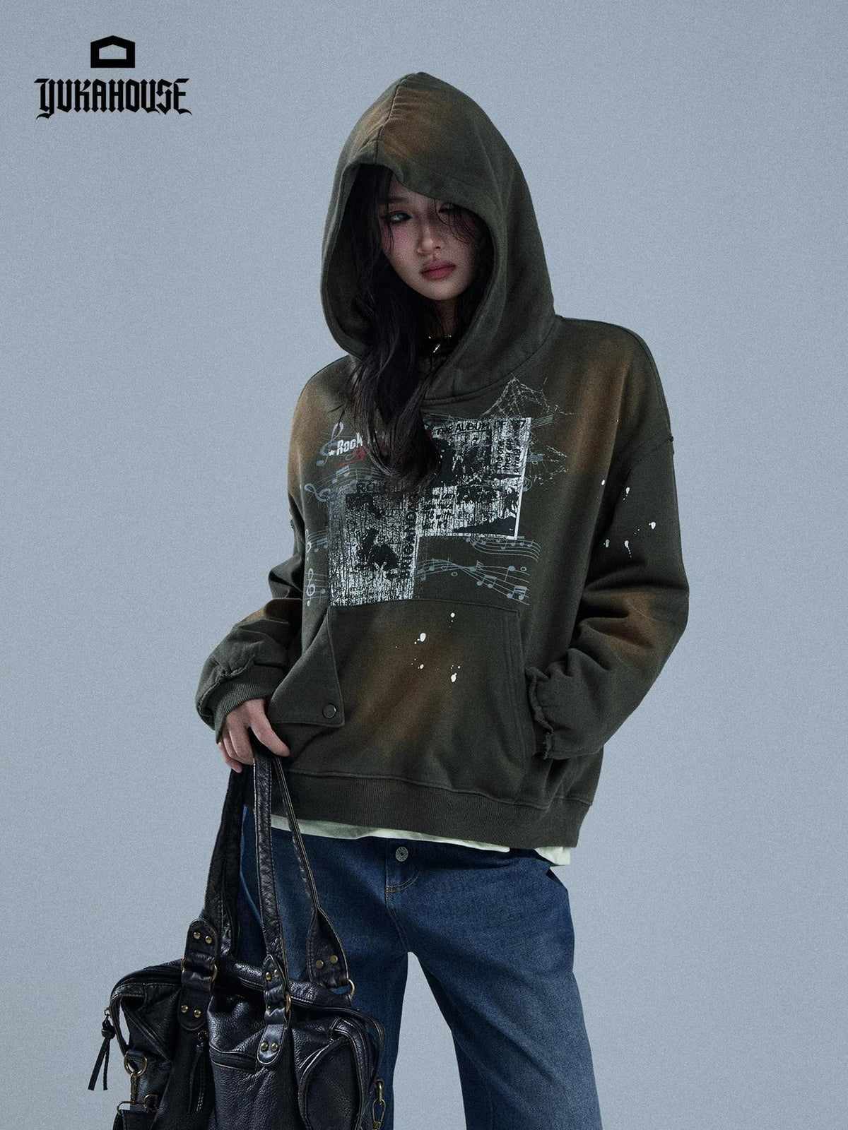 YUKAHOUSE Faded Gradient Print Studded Punk Rock Women's Cotton Hoodies