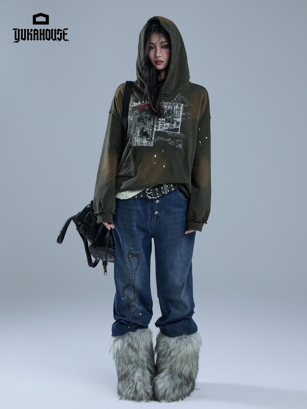 YUKAHOUSE Faded Gradient Print Studded Punk Rock Women's Cotton Hoodies
