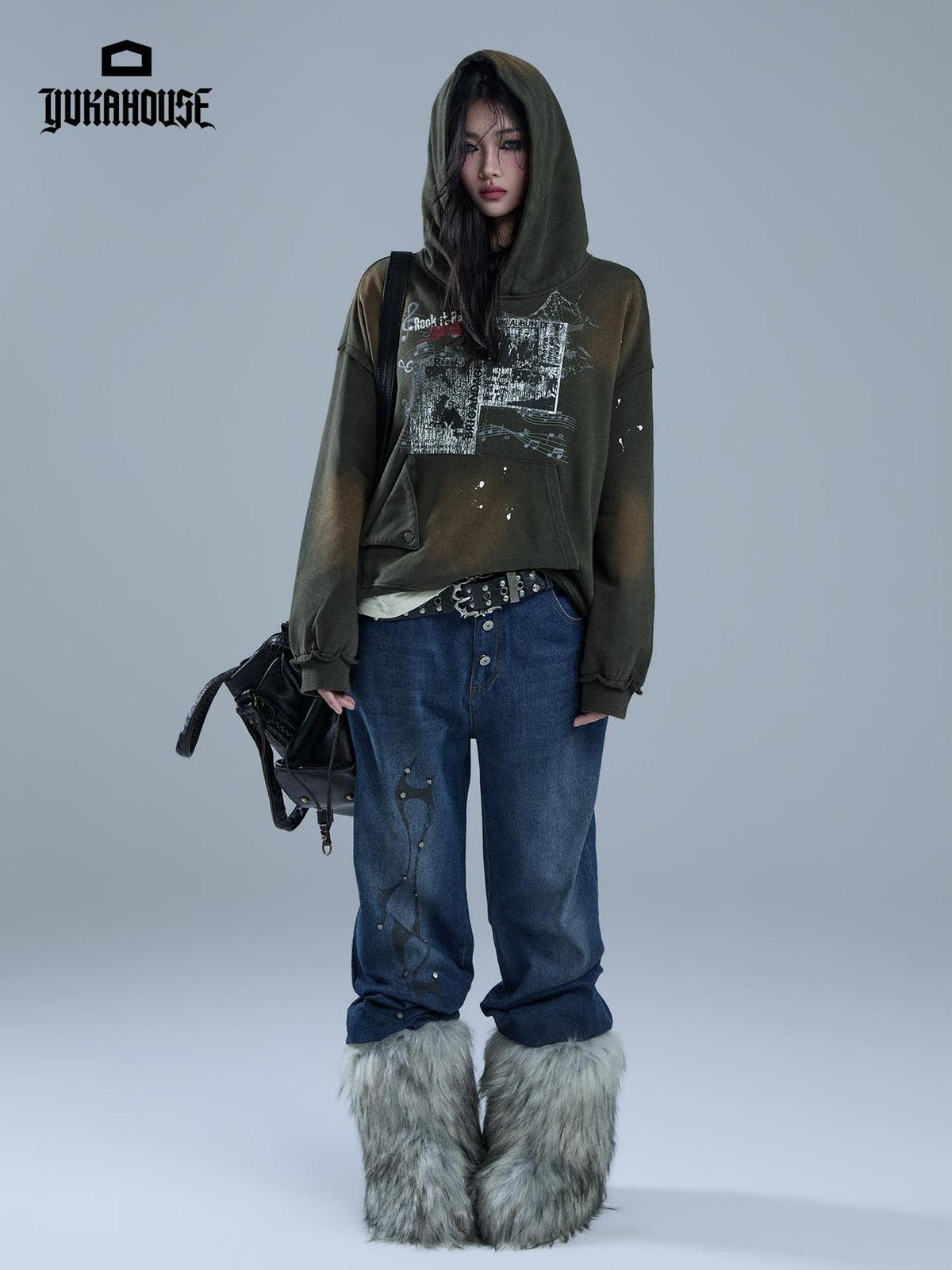 YUKAHOUSE Faded Gradient Print Studded Punk Rock Women's Cotton Hoodies