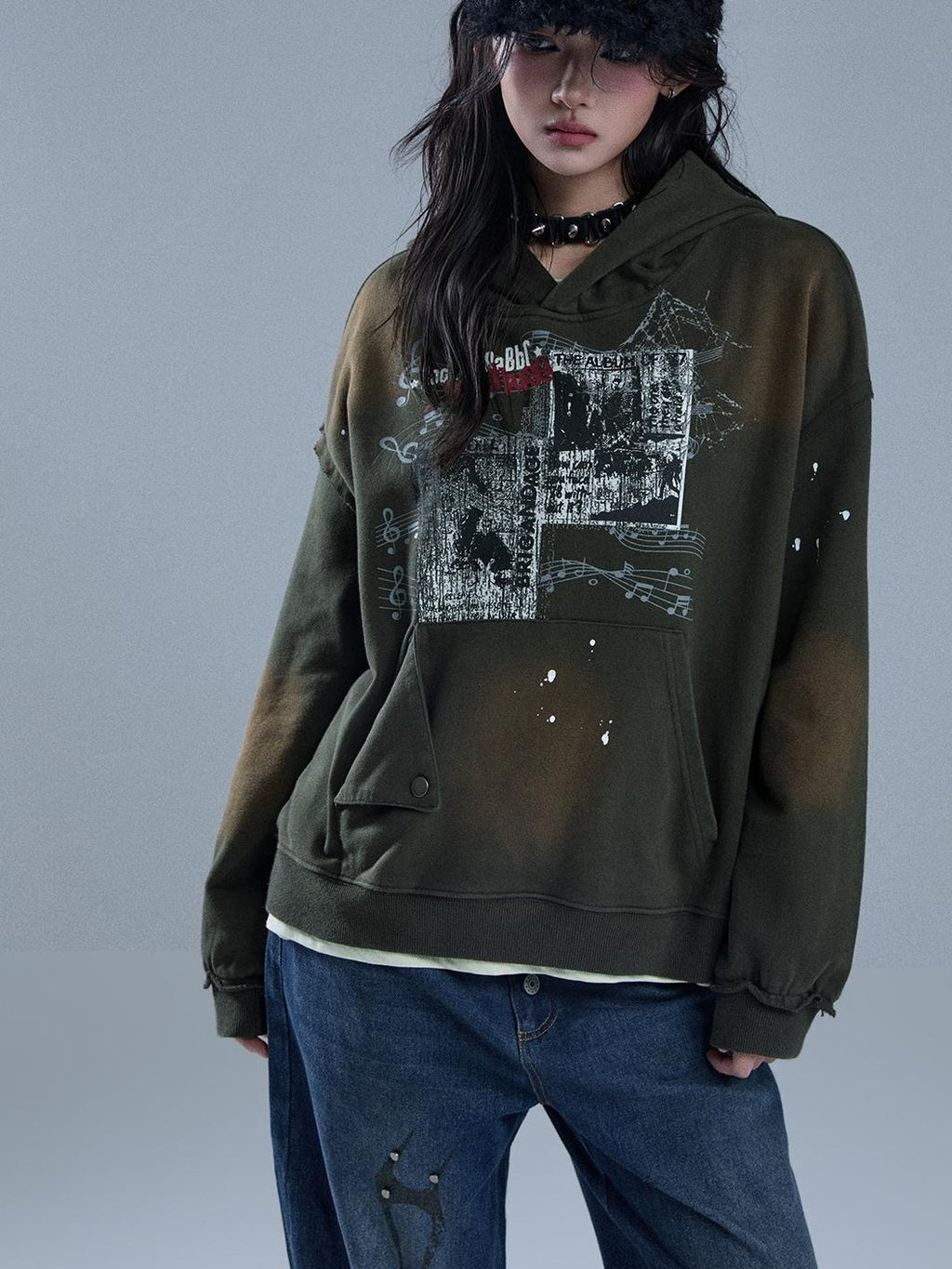 YUKAHOUSE Faded Gradient Print Studded Punk Rock Women's Cotton Hoodies