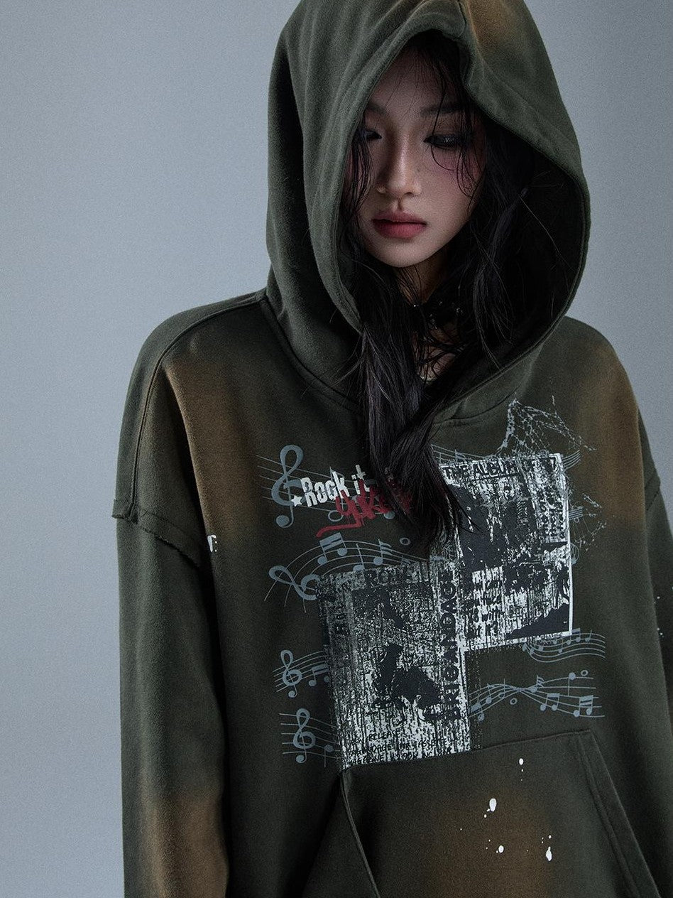 YUKAHOUSE Faded Gradient Print Studded Punk Rock Women's Cotton Hoodies
