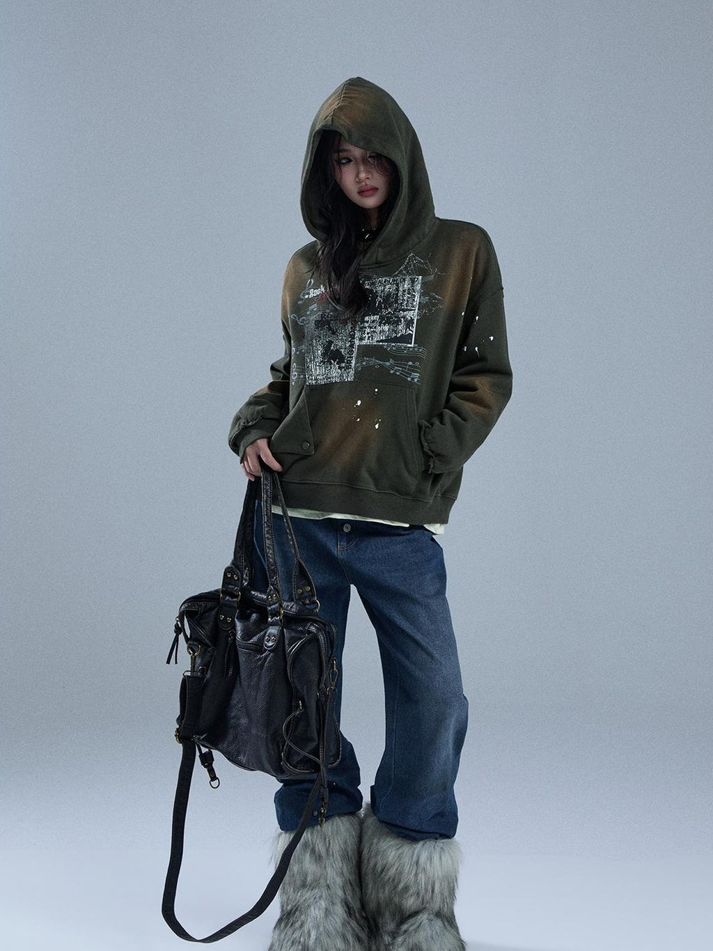YUKAHOUSE Faded Gradient Print Studded Punk Rock Women's Cotton Hoodies