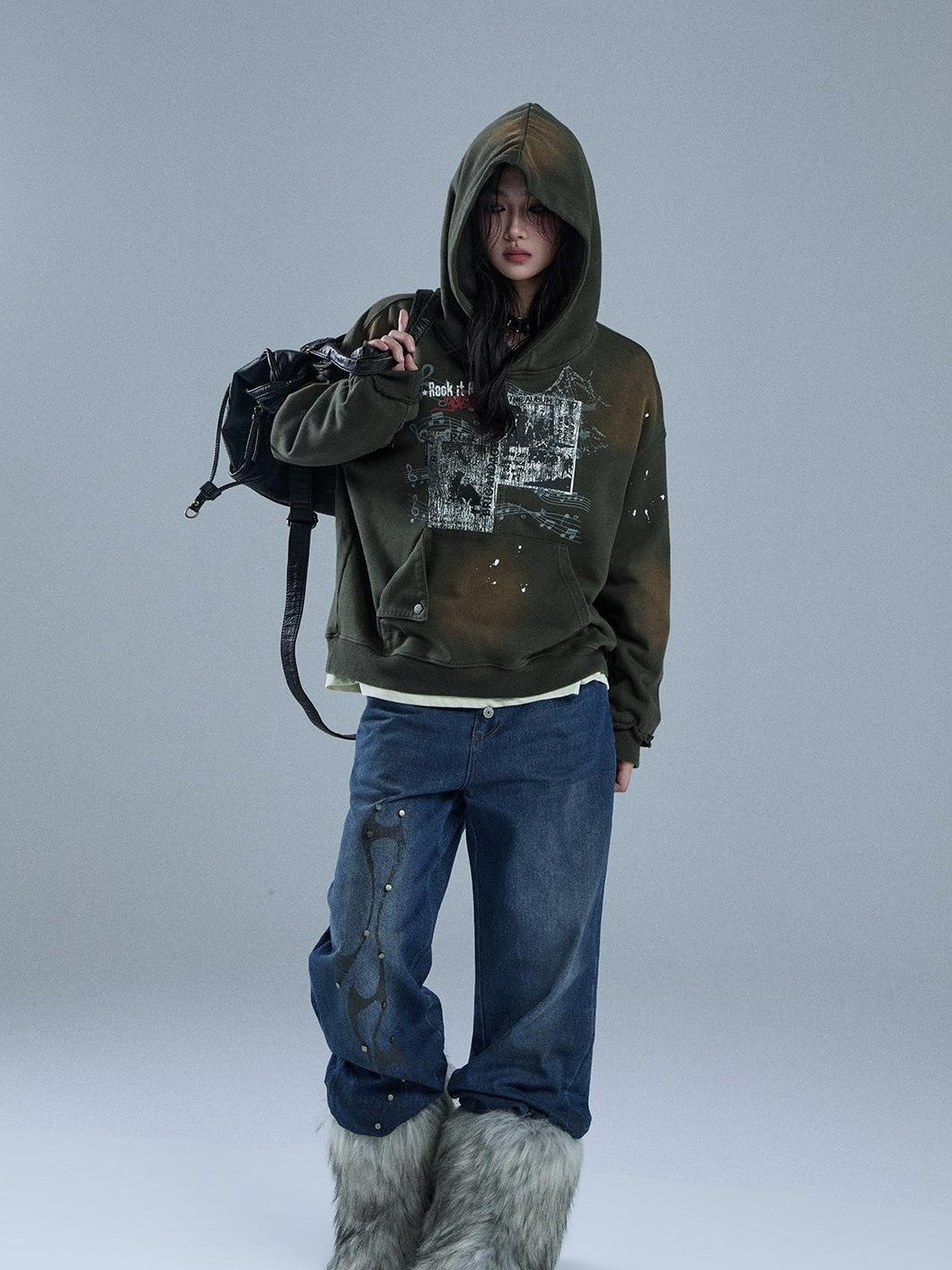 YUKAHOUSE Faded Gradient Print Studded Punk Rock Women's Cotton Hoodies