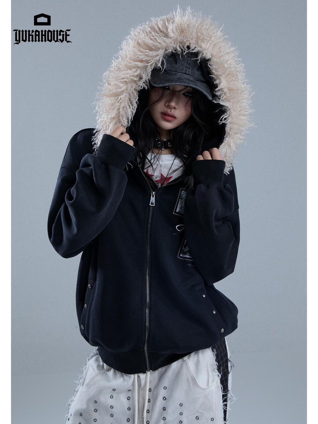 YUKAHOUSE Faux Fur Trim Hooded Punk Print Women's Cotton Blend Zip-up Hoodies