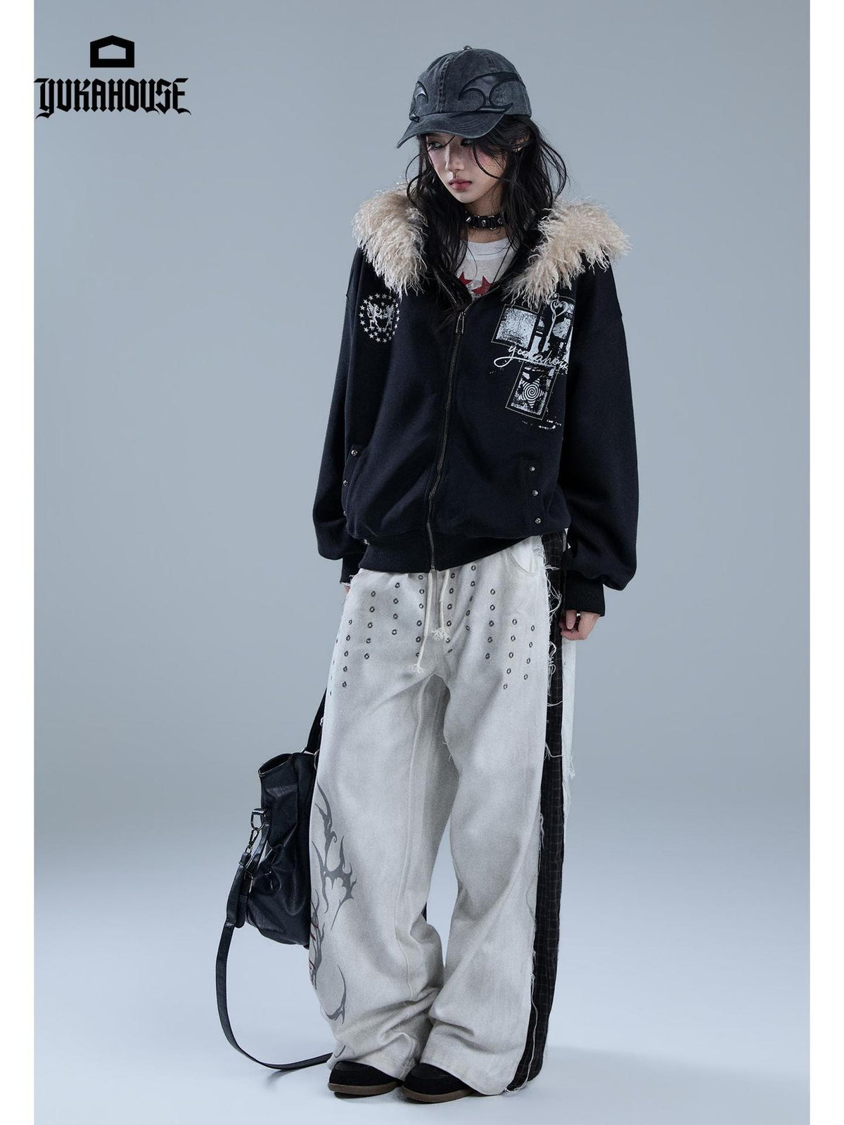 YUKAHOUSE Faux Fur Trim Hooded Punk Print Women's Cotton Blend Zip-up Hoodies