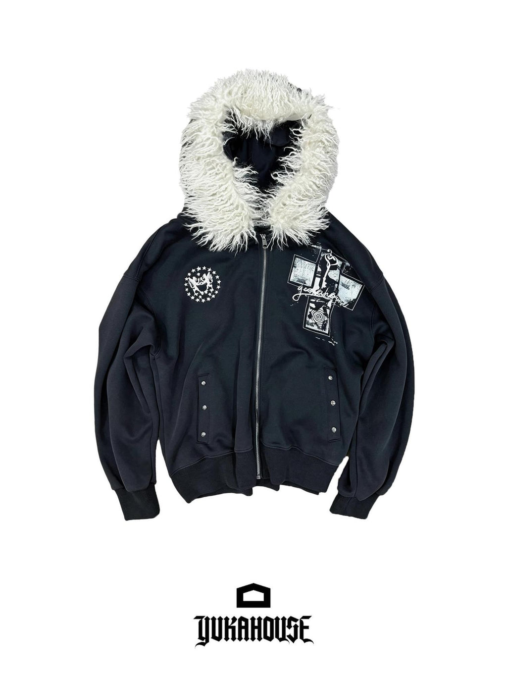 YUKAHOUSE Faux Fur Trim Hooded Punk Print Women's Cotton Blend Zip-up Hoodies