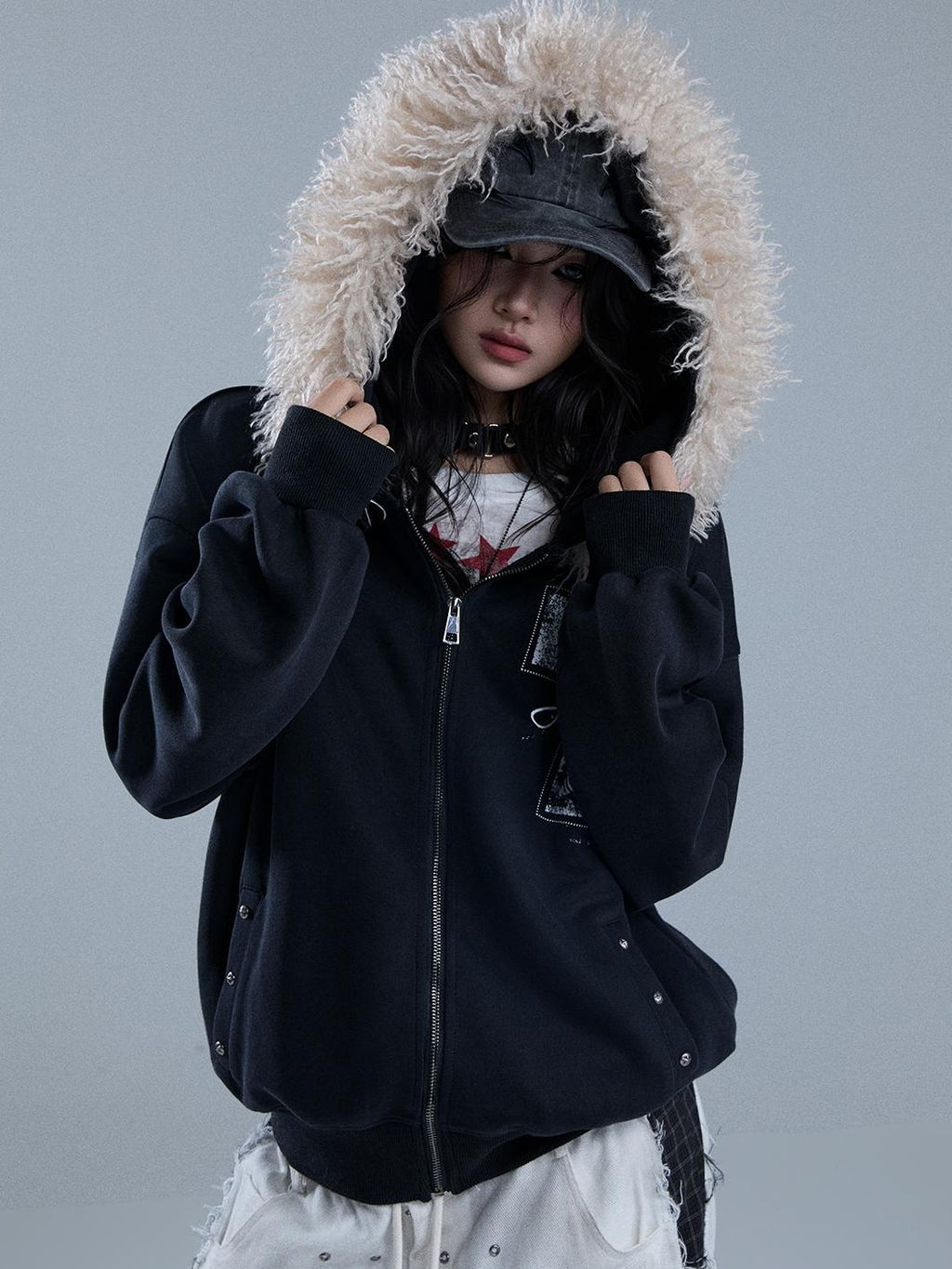 YUKAHOUSE Faux Fur Trim Hooded Punk Print Women's Cotton Blend Zip-up Hoodies
