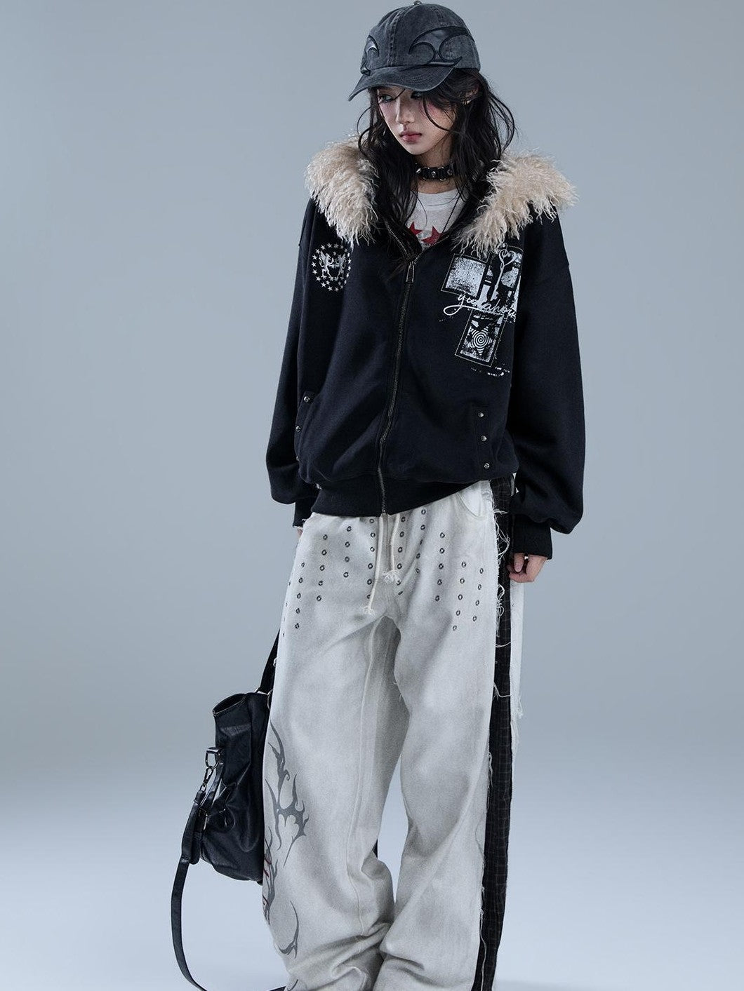 YUKAHOUSE Faux Fur Trim Hooded Punk Print Women's Cotton Blend Zip-up Hoodies
