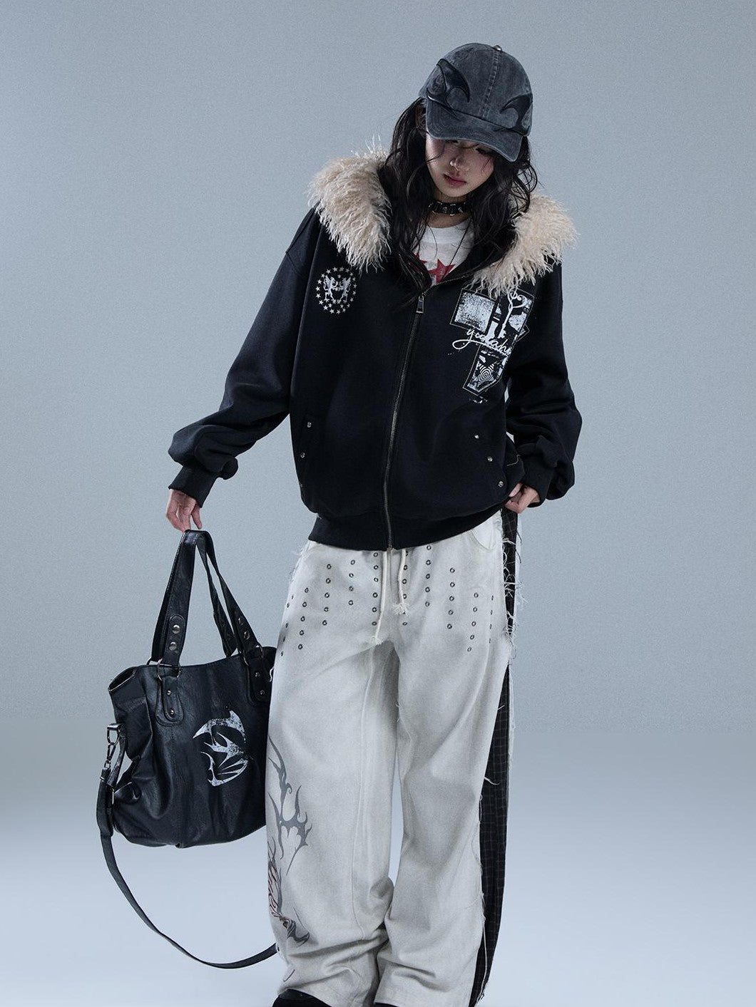 YUKAHOUSE Faux Fur Trim Hooded Punk Print Women's Cotton Blend Zip-up Hoodies