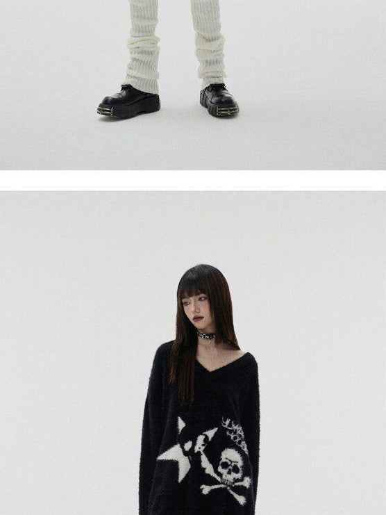 YUKAHOUSE Fuzzy Skull V-neck Street Punk Women's Imitation Wool Sweaters