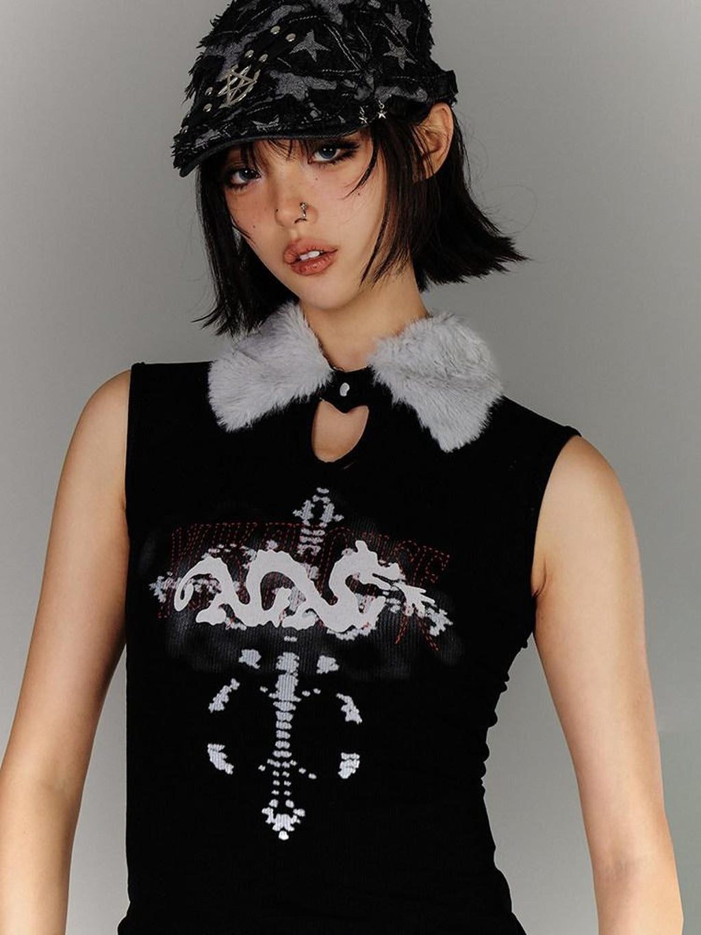 YUKAHOUSE Fuzzy Y2k Fitted Subculture Women's Cotton Spandex Tank Tops