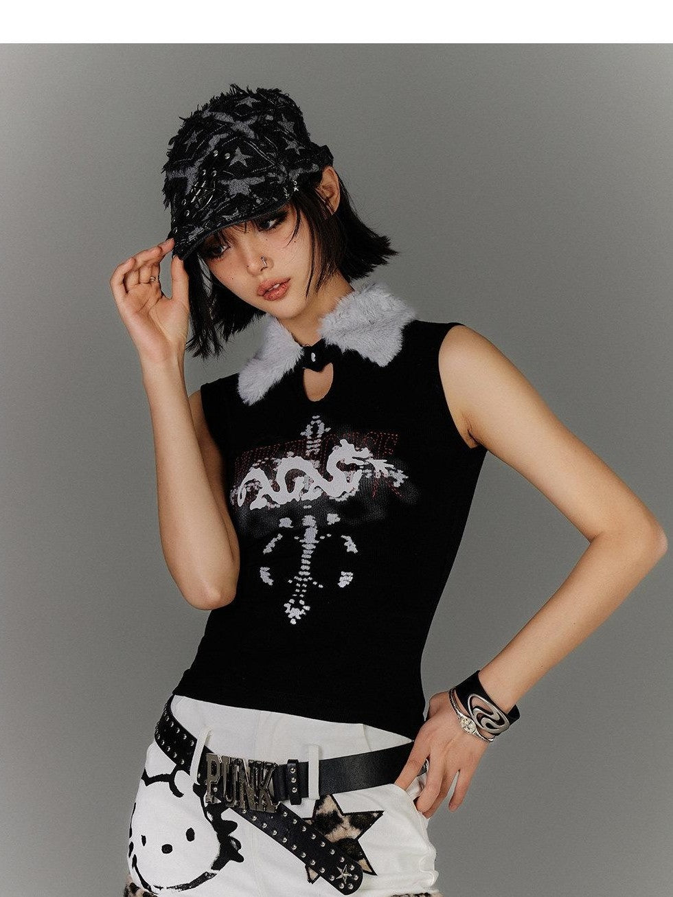 YUKAHOUSE Fuzzy Y2k Fitted Subculture Women's Cotton Spandex Tank Tops