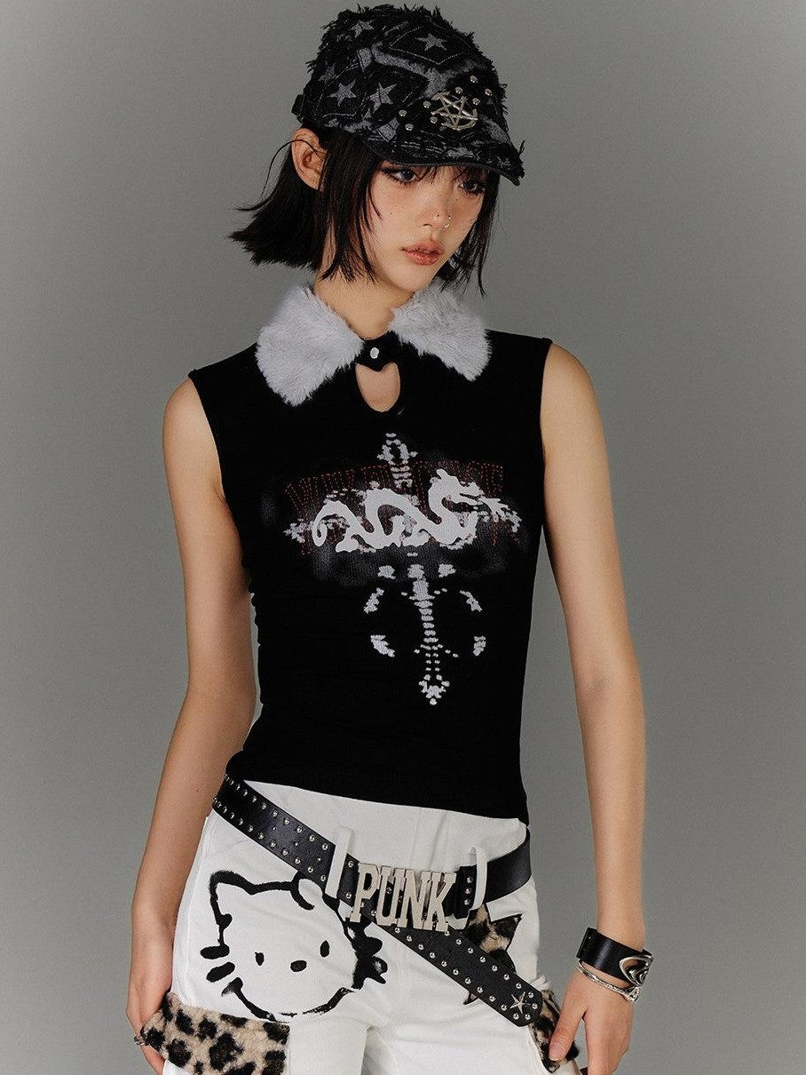 YUKAHOUSE Fuzzy Y2k Fitted Subculture Women's Cotton Spandex Tank Tops