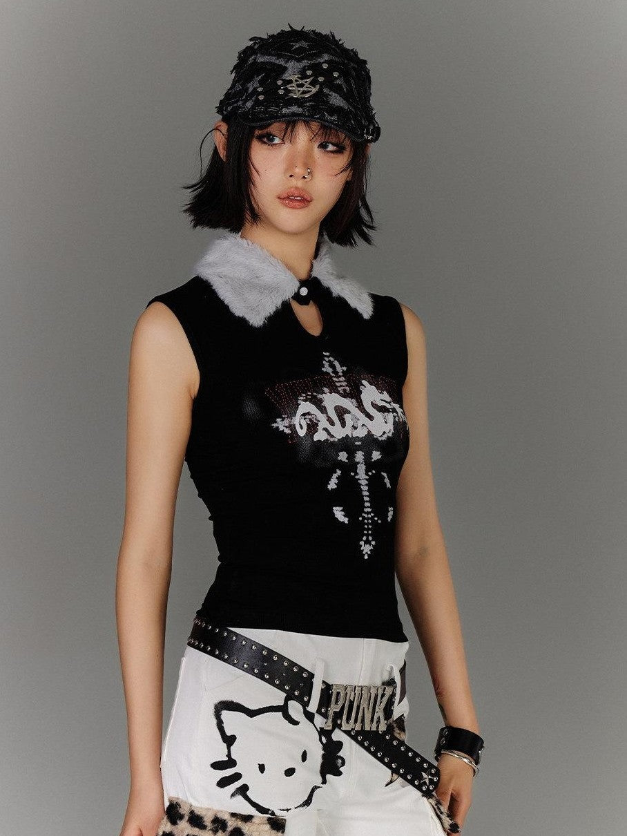 YUKAHOUSE Fuzzy Y2k Fitted Subculture Women's Cotton Spandex Tank Tops