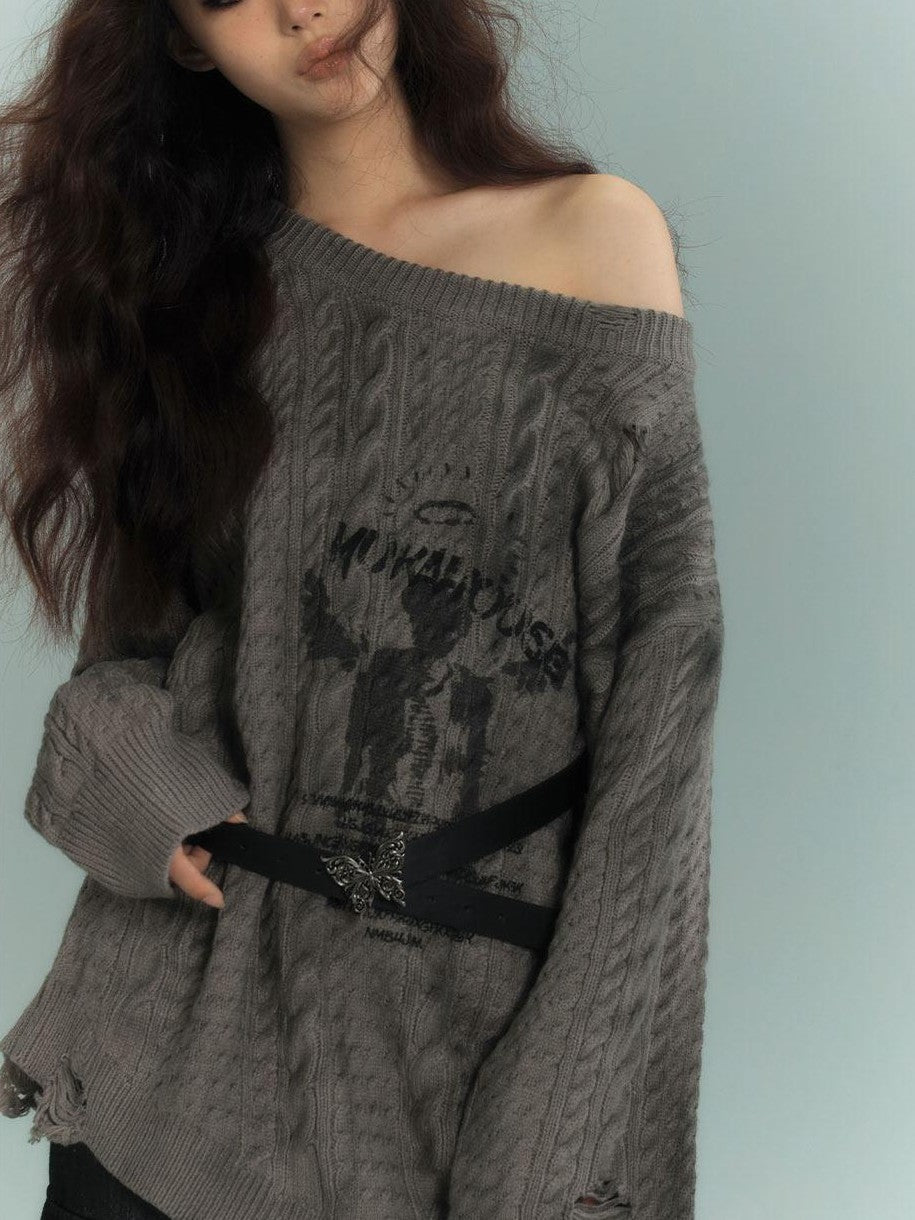 YUKAHOUSE Gray Distressed Mid Length Round Neck Women's Acrylic Off-shoulder Sweaters