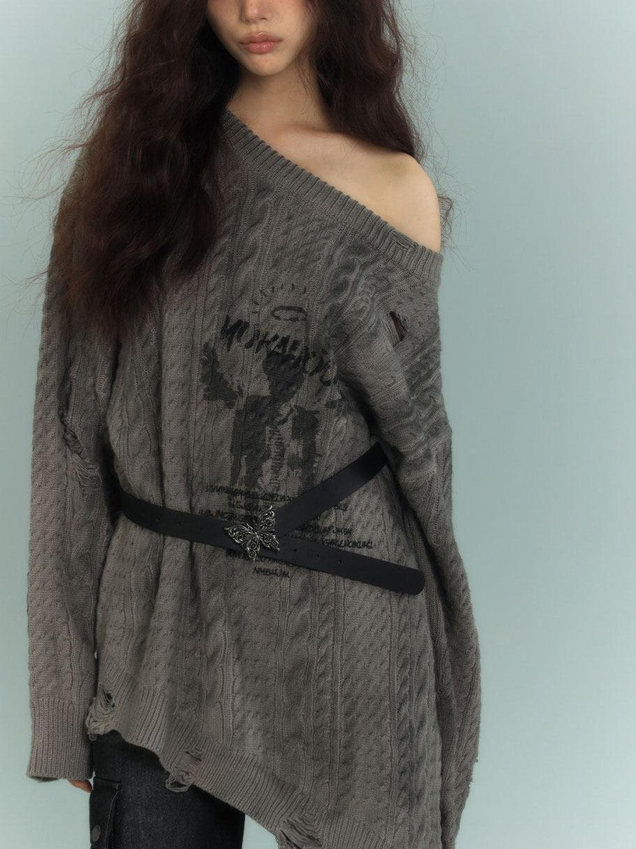 YUKAHOUSE Gray Distressed Mid Length Round Neck Women's Acrylic Off-shoulder Sweaters