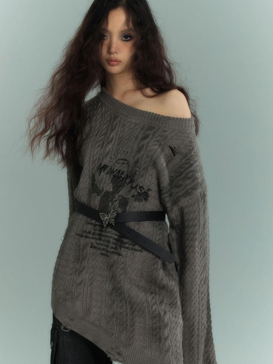 YUKAHOUSE Gray Distressed Mid Length Round Neck Women's Acrylic Off-shoulder Sweaters
