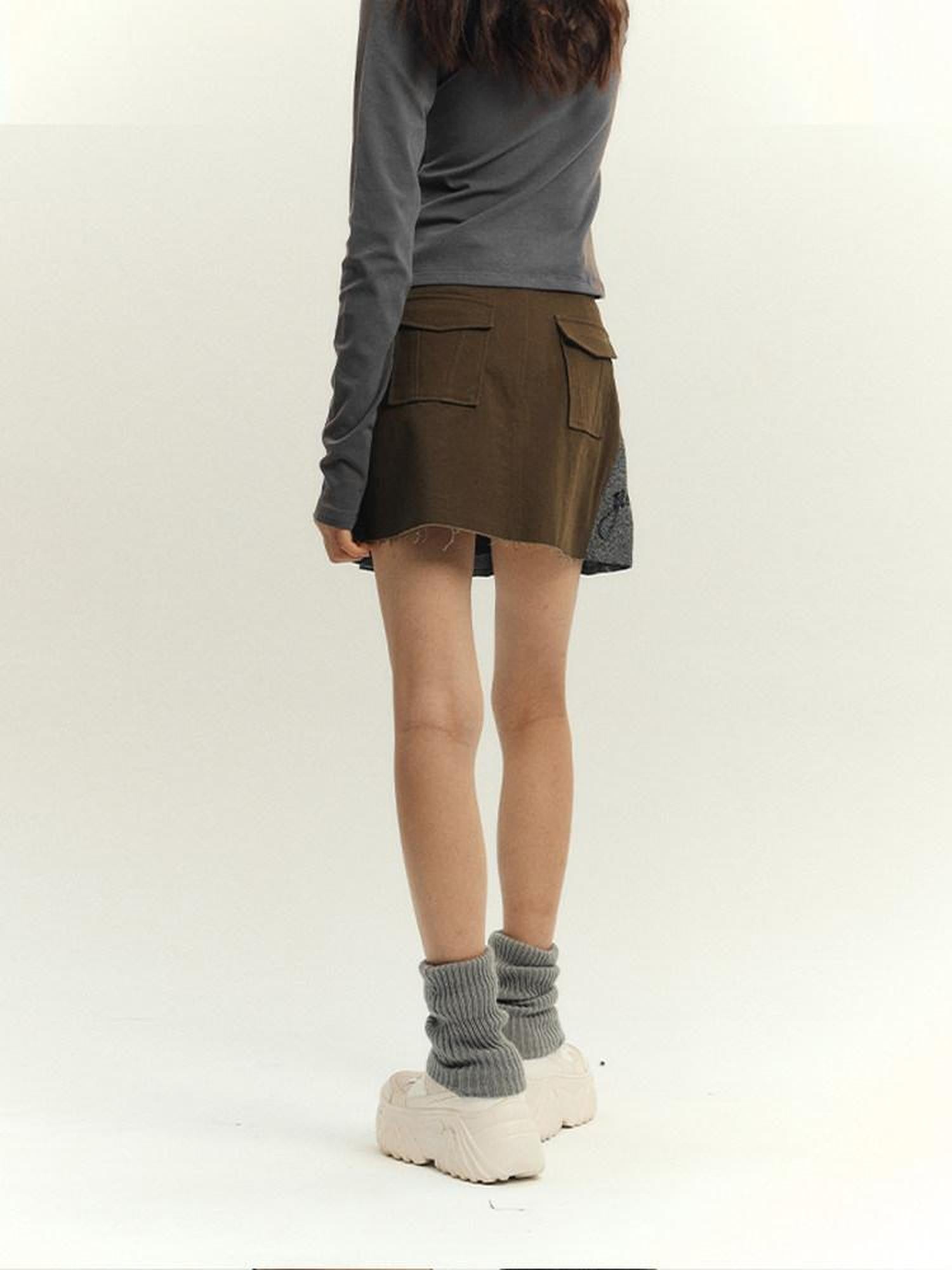 YUKAHOUSE Gray Green Patchwork Pocket A Line Women's Cotton Blend Pleated Skirts