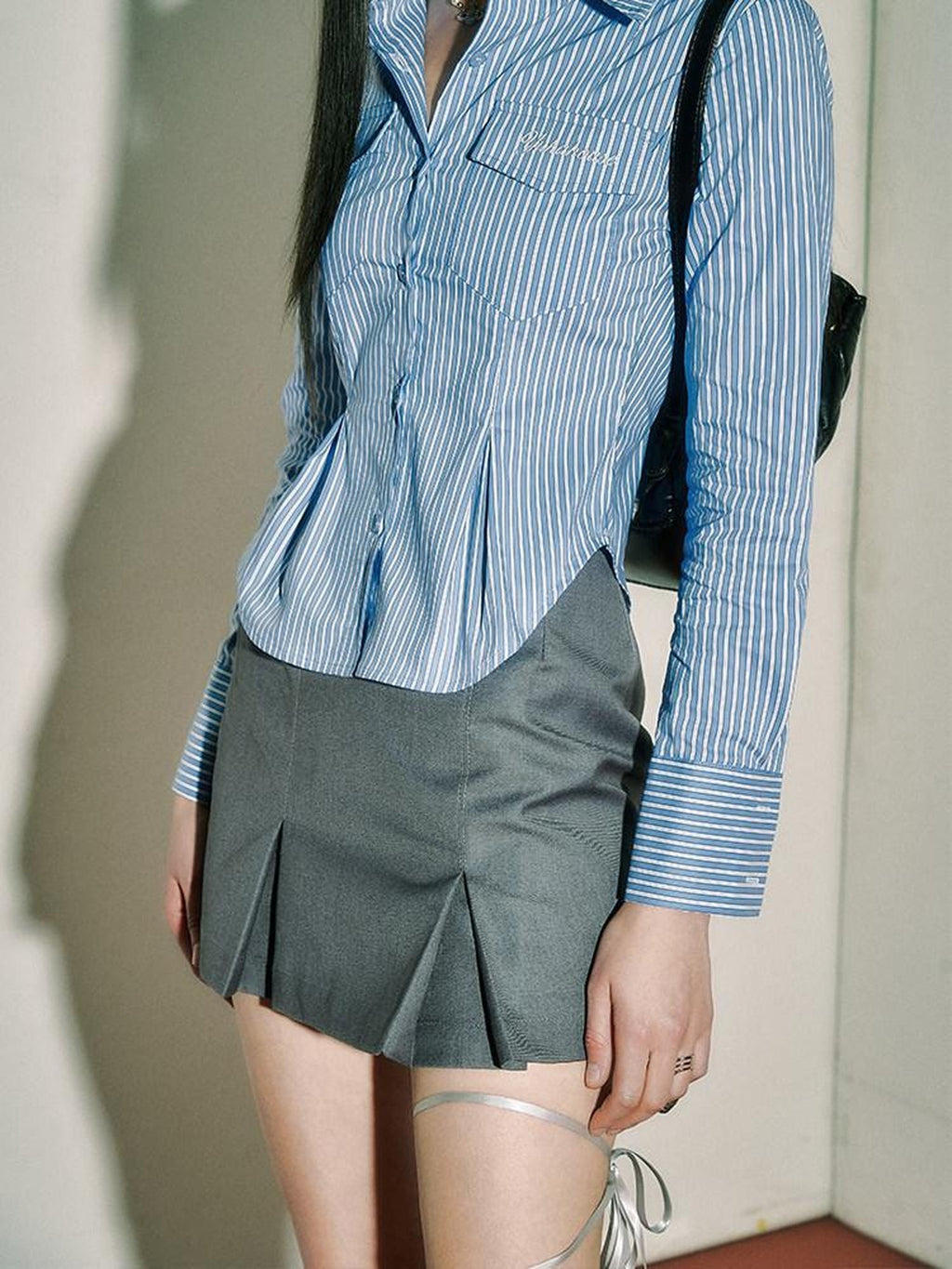 YUKAHOUSE Gray Hip Hugging A Line Collegiate Women's Polyester Cotton Pleated Skirts
