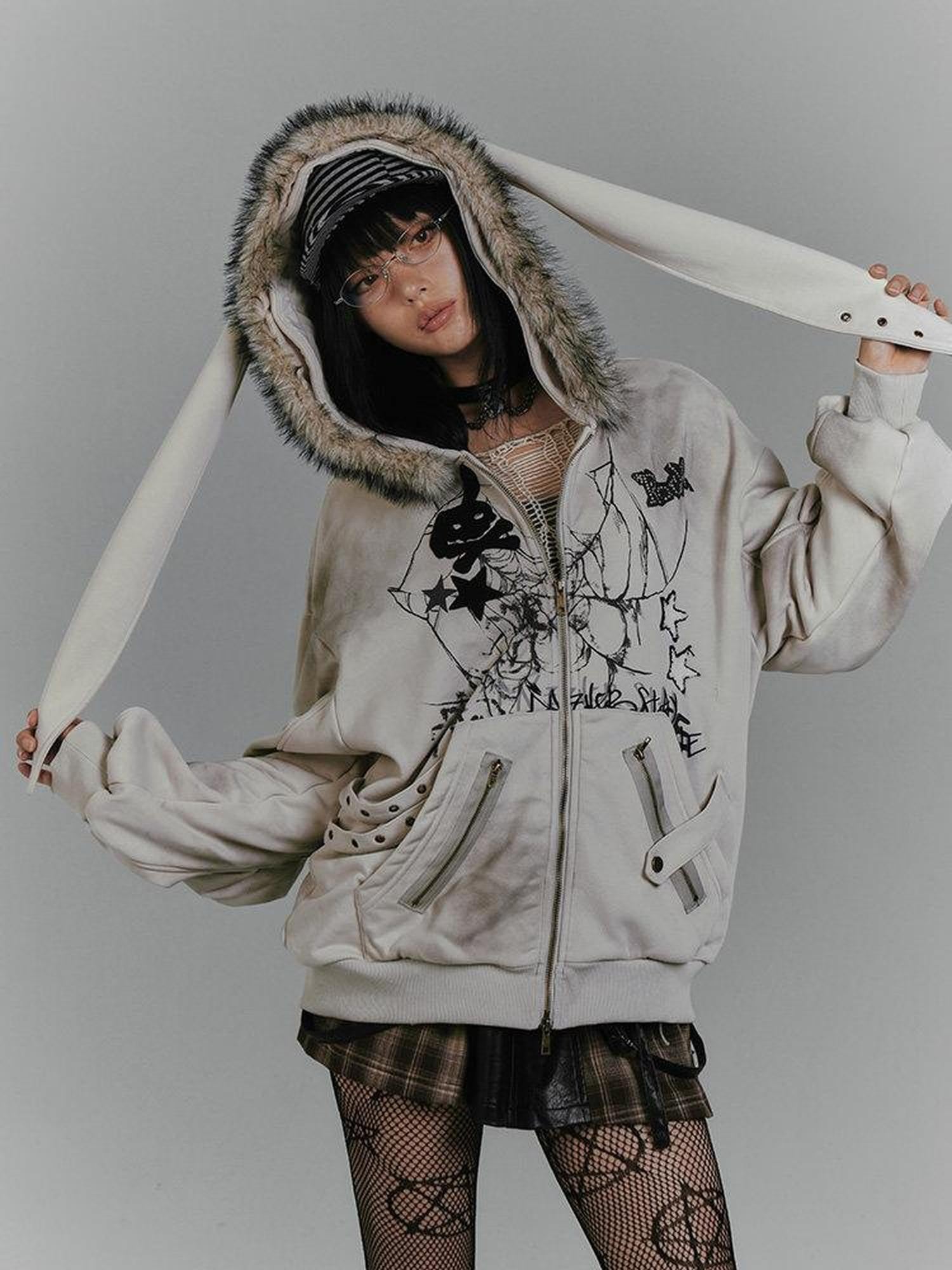 YUKAHOUSE Gray Rabbit Ear Hooded Plush Fleece Lined Women's Cotton Zip-up Hoodies