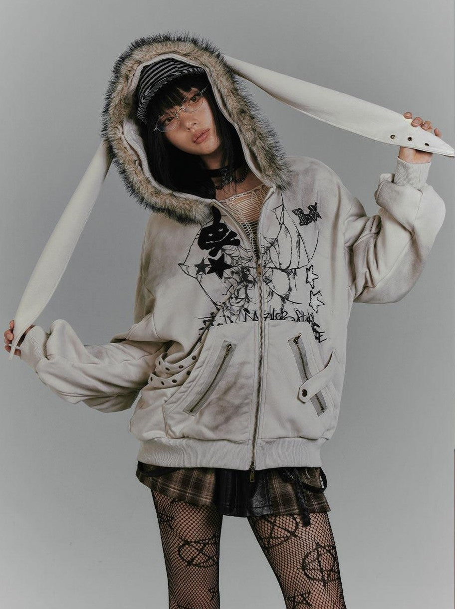 YUKAHOUSE Gray Rabbit Ear Hooded Plush Fleece Lined Women's Cotton Zip-up Hoodies