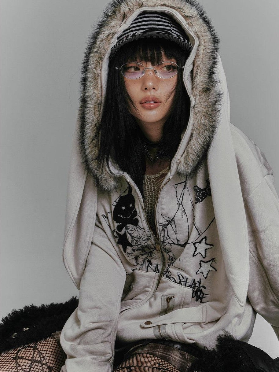 YUKAHOUSE Gray Rabbit Ear Hooded Plush Fleece Lined Women's Cotton Zip-up Hoodies
