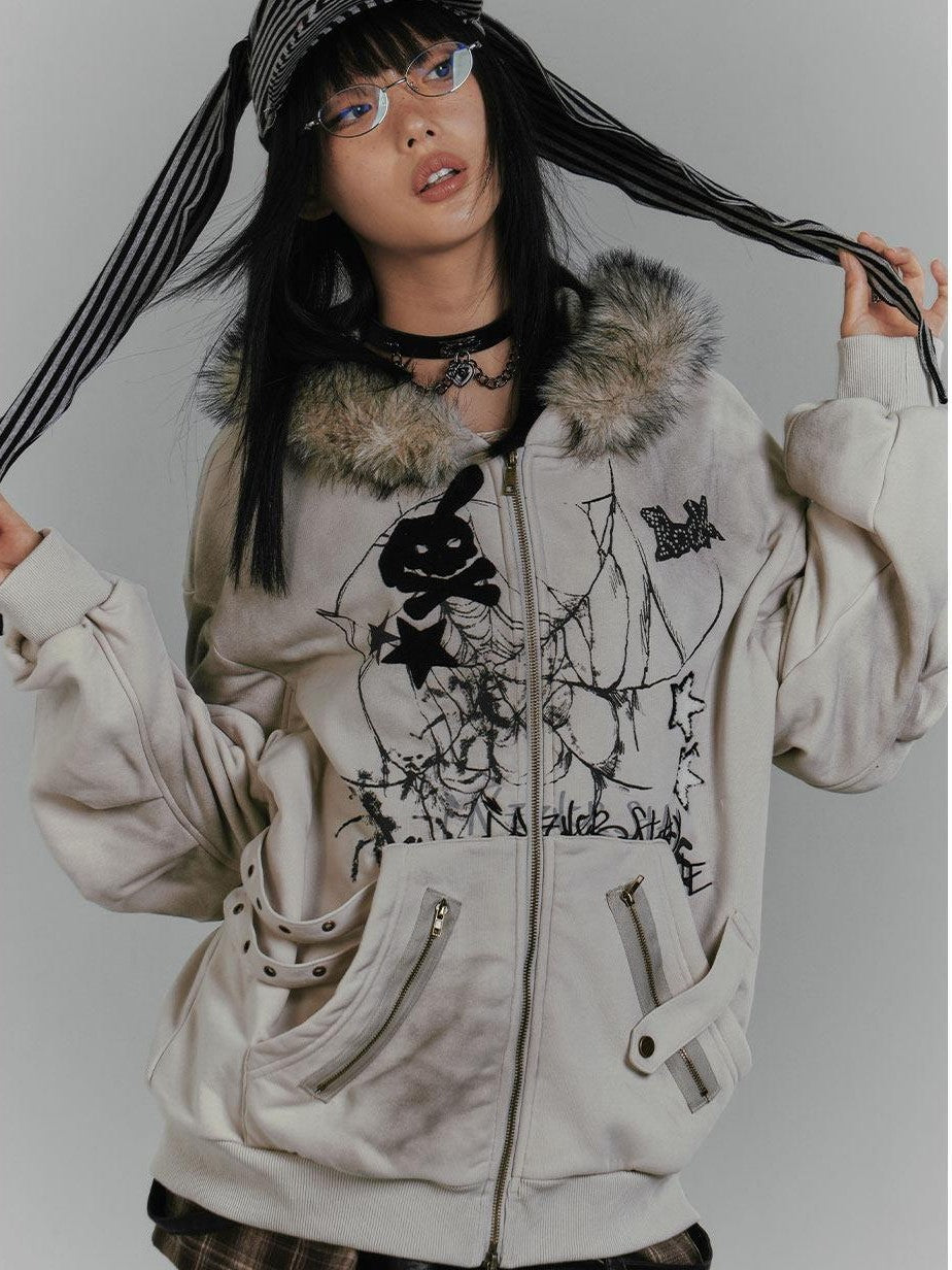 YUKAHOUSE Gray Rabbit Ear Hooded Plush Fleece Lined Women's Cotton Zip-up Hoodies