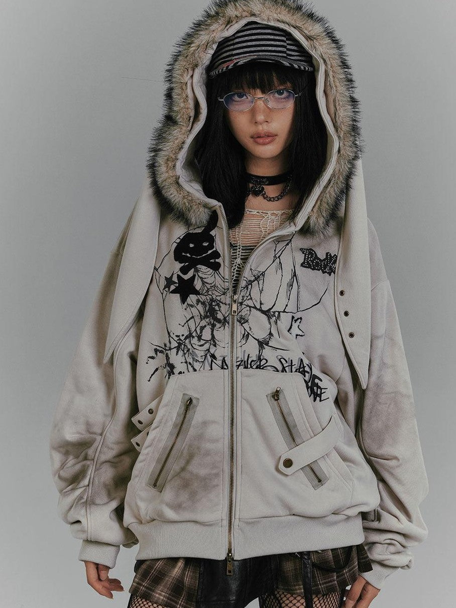 YUKAHOUSE Gray Rabbit Ear Hooded Plush Fleece Lined Women's Cotton Zip-up Hoodies