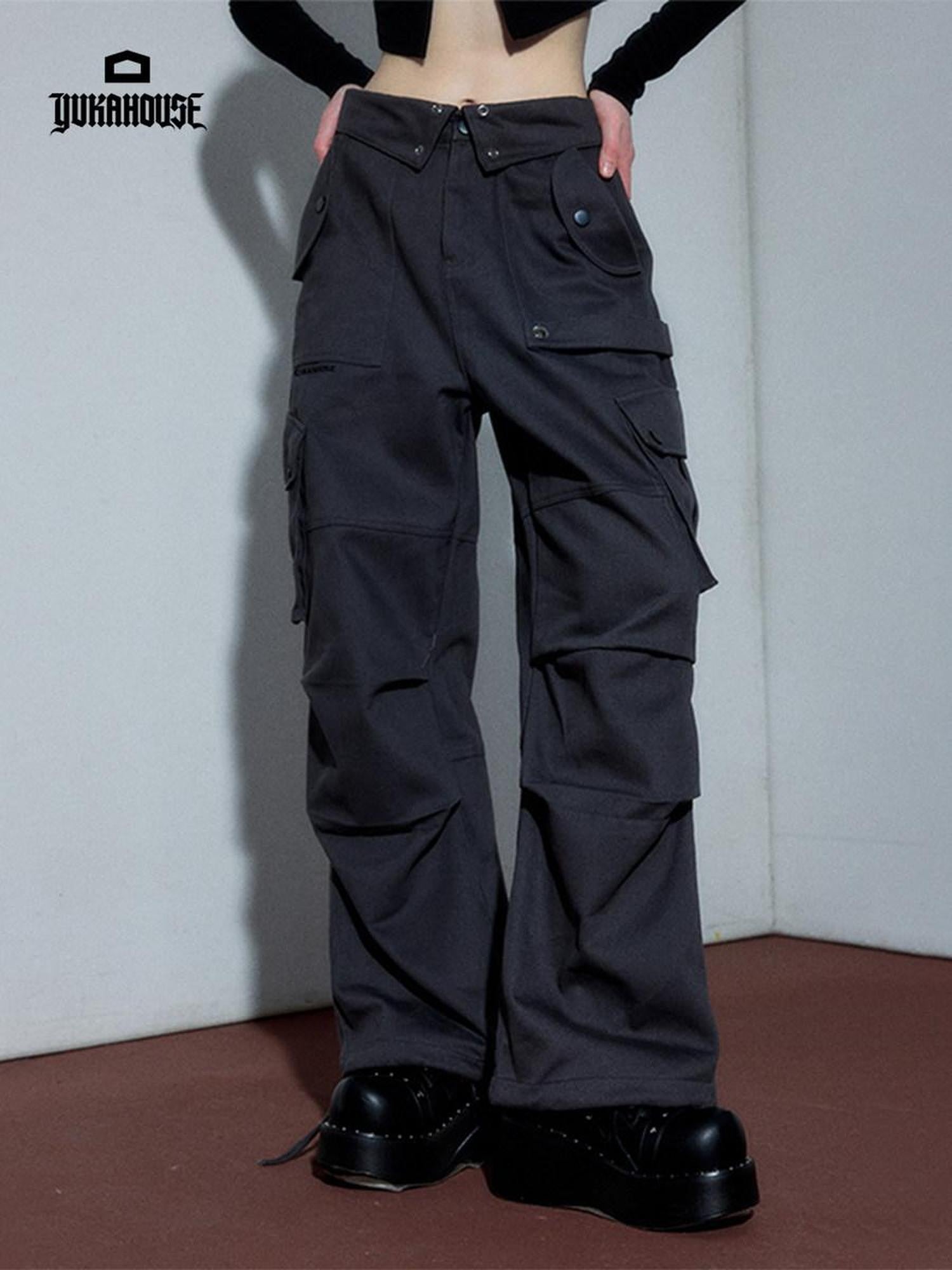 YUKAHOUSE Gray Red Cargo Pockets High Waist Women's Cotton Wide-leg Pants