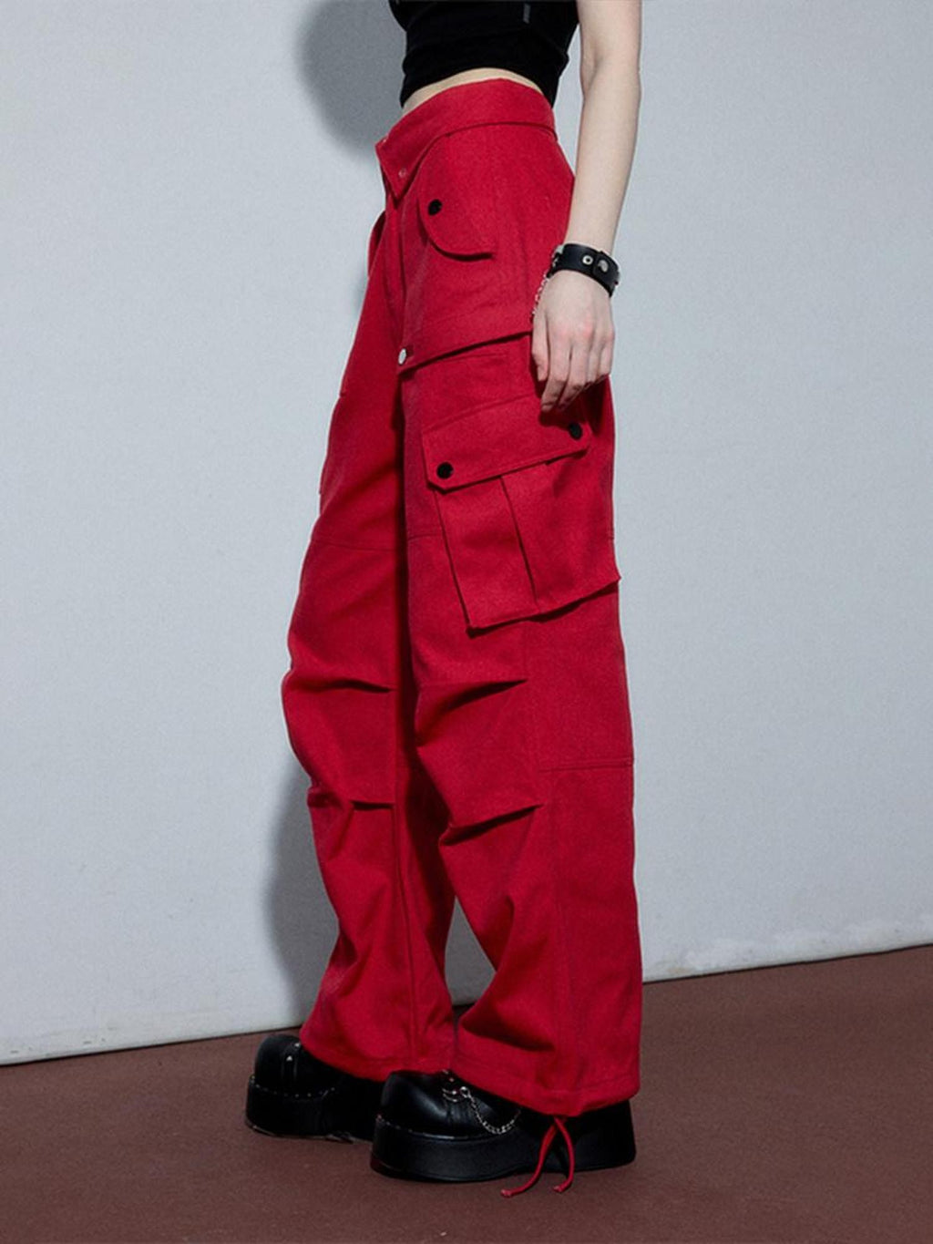 YUKAHOUSE Gray Red Cargo Pockets High Waist Women's Cotton Wide-leg Pants
