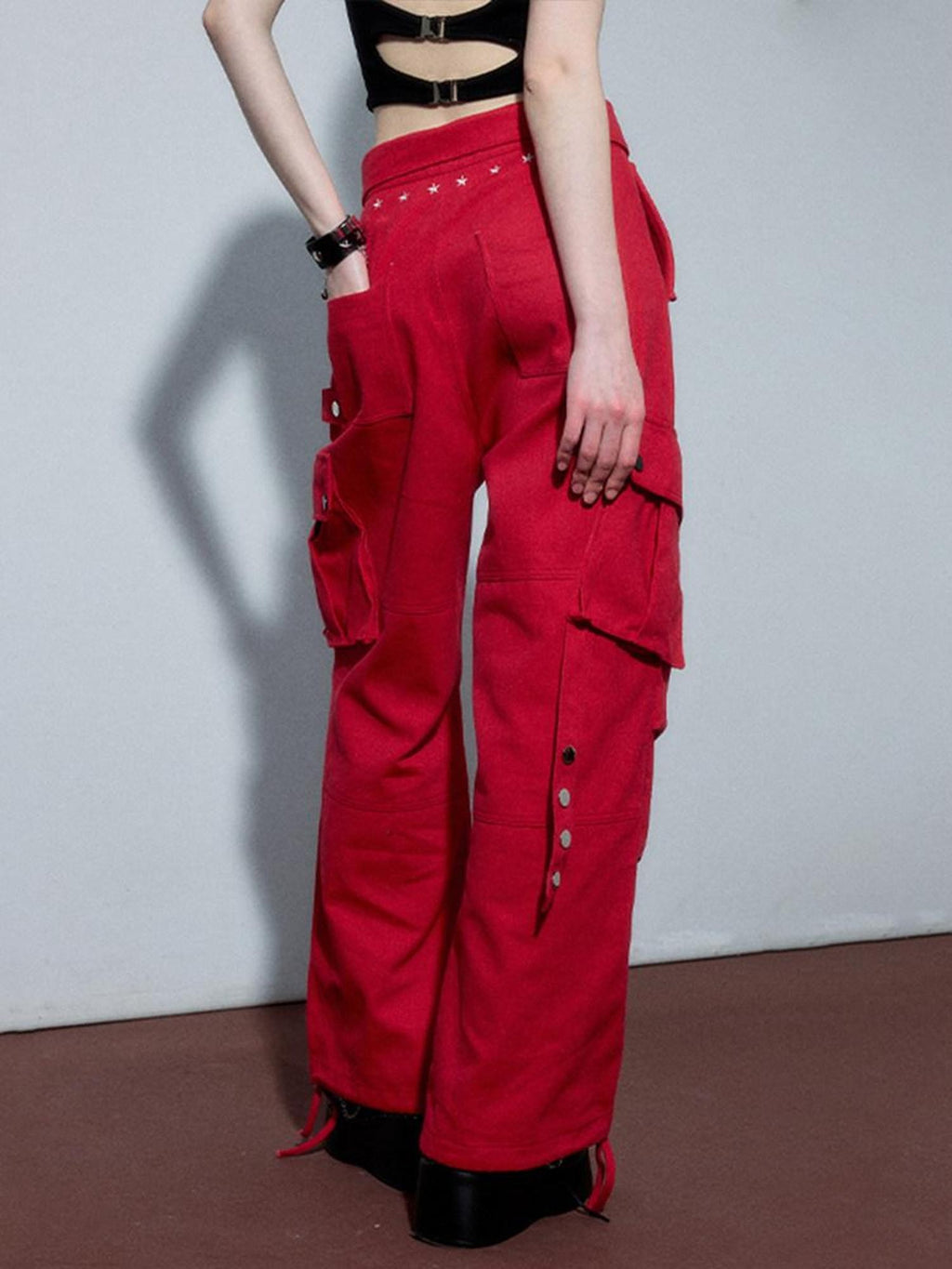 YUKAHOUSE Gray Red Cargo Pockets High Waist Women's Cotton Wide-leg Pants