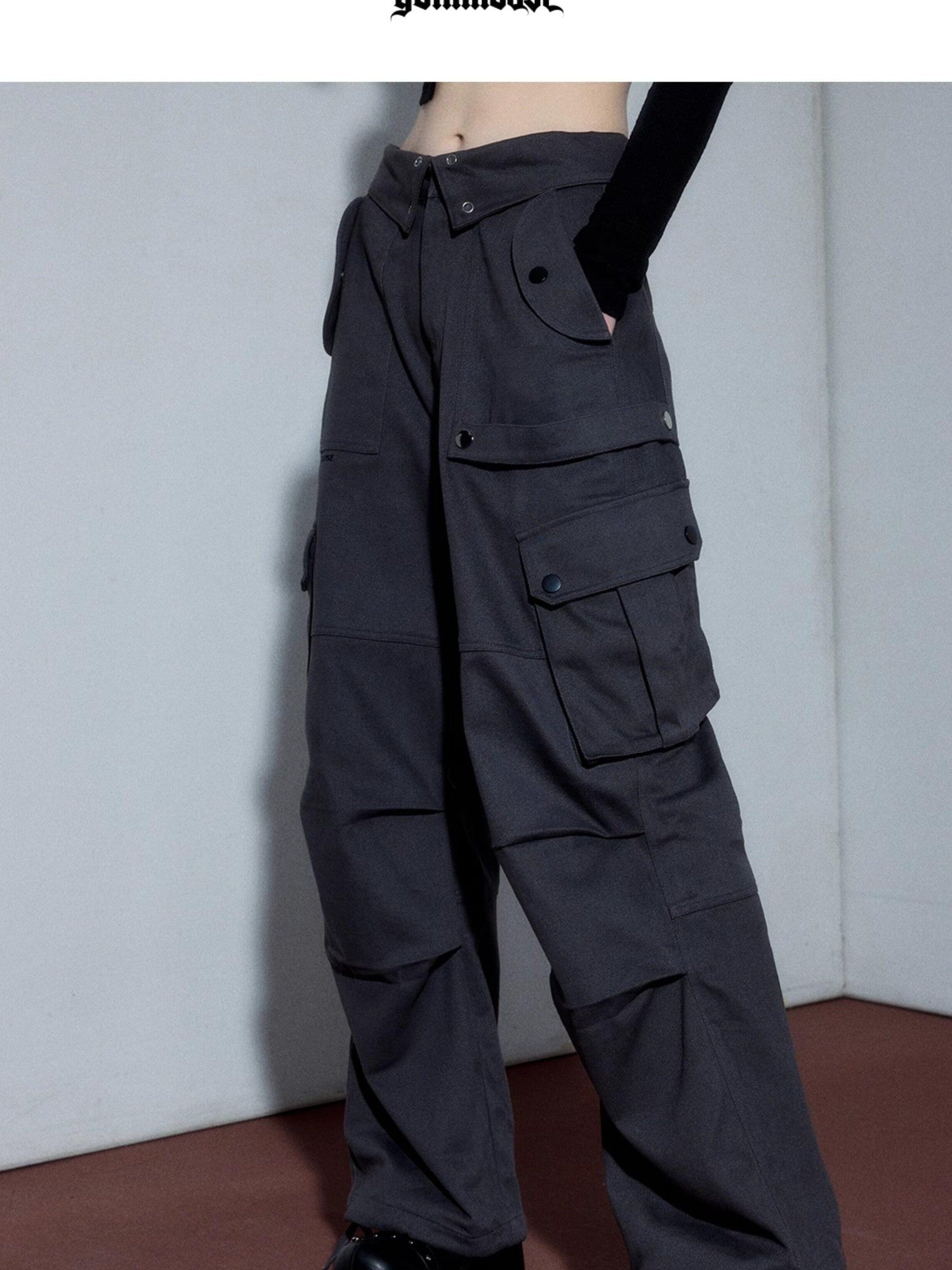 YUKAHOUSE Gray Red Cargo Pockets High Waist Women's Cotton Wide-leg Pants