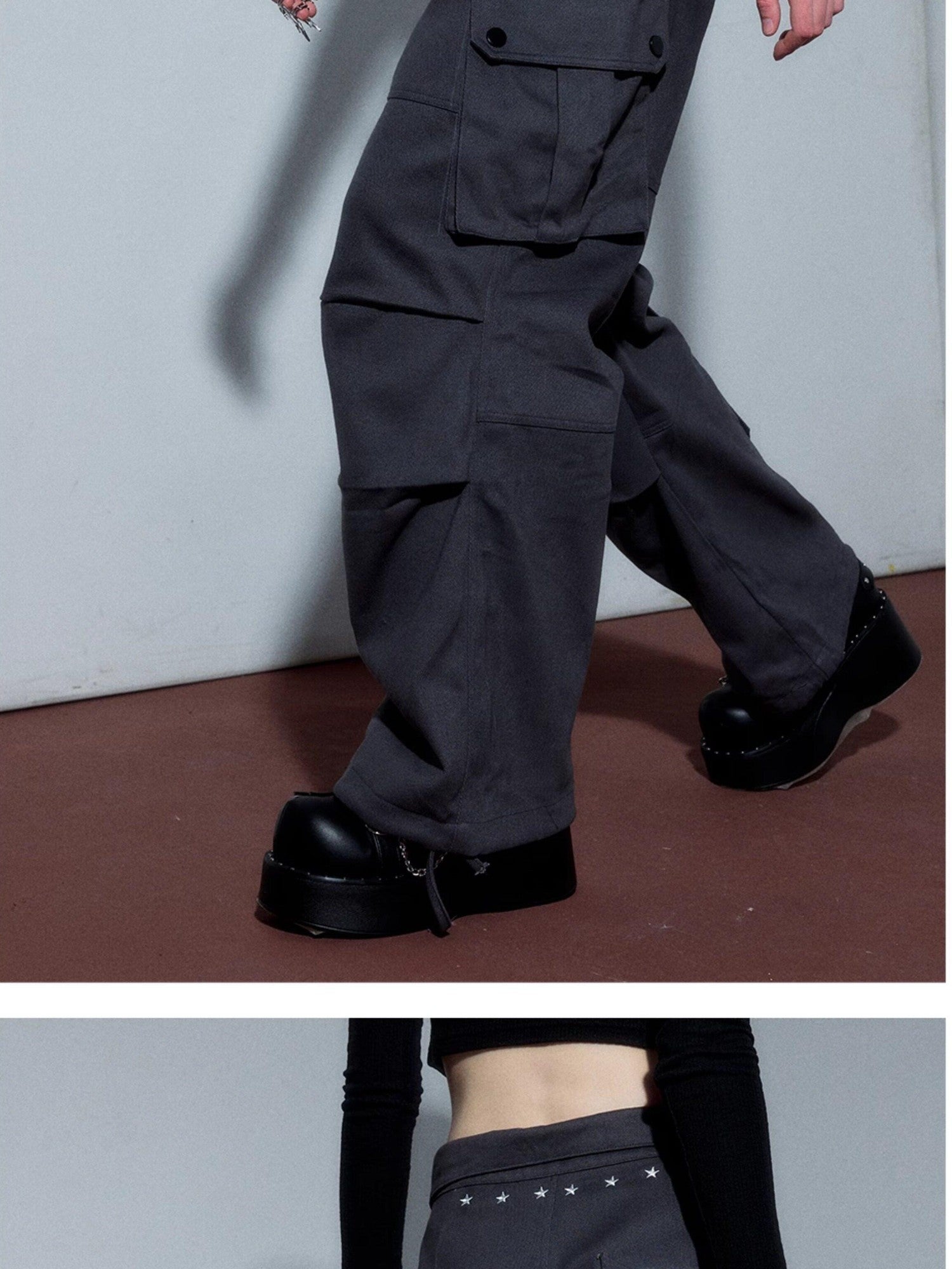 YUKAHOUSE Gray Red Cargo Pockets High Waist Women's Cotton Wide-leg Pants