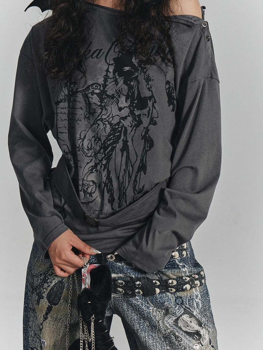 YUKAHOUSE Gray Slanted Shoulder Print Loose Women's Cotton Blend Long Sleeve T-shirts