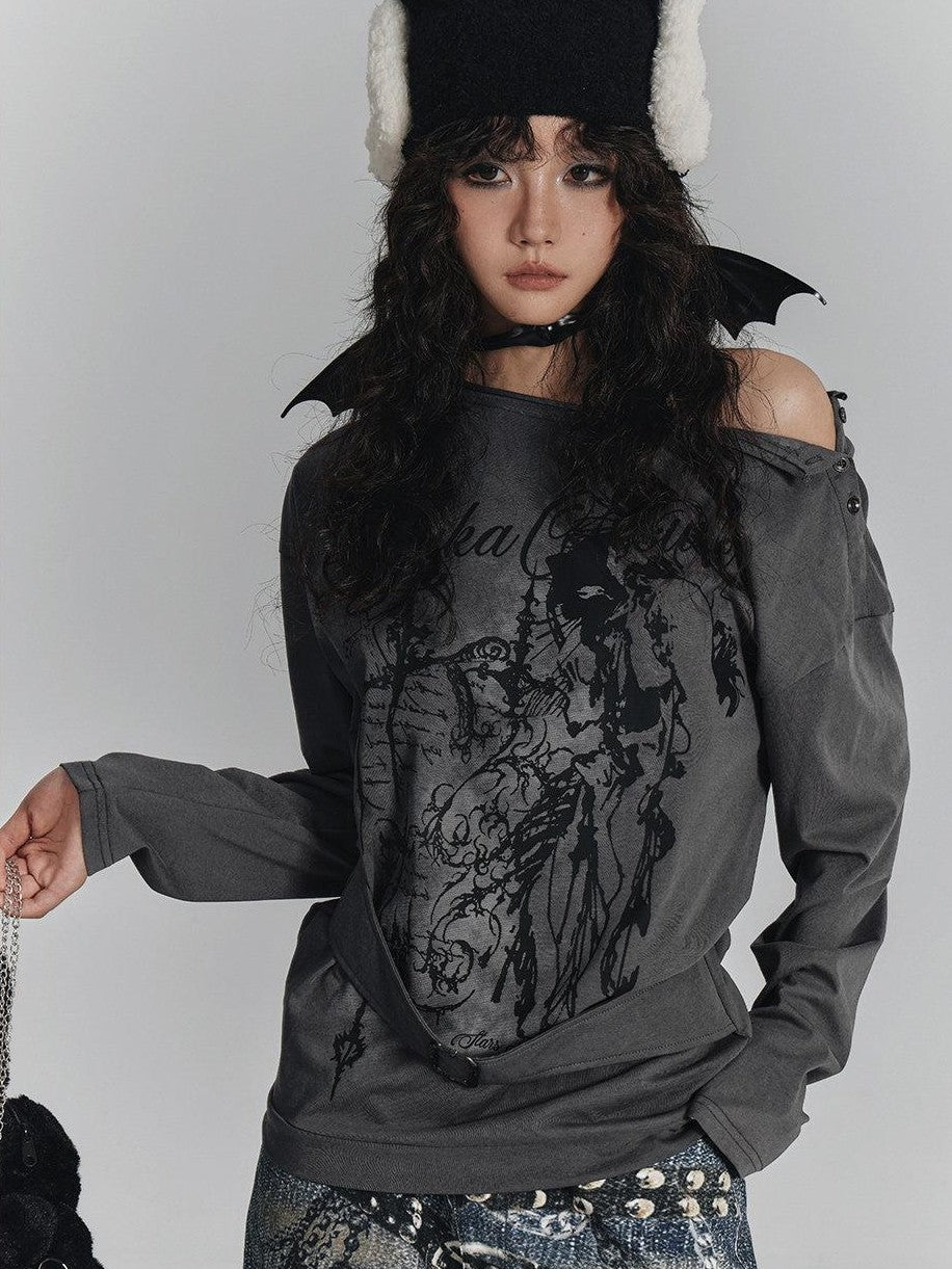 YUKAHOUSE Gray Slanted Shoulder Print Loose Women's Cotton Blend Long Sleeve T-shirts