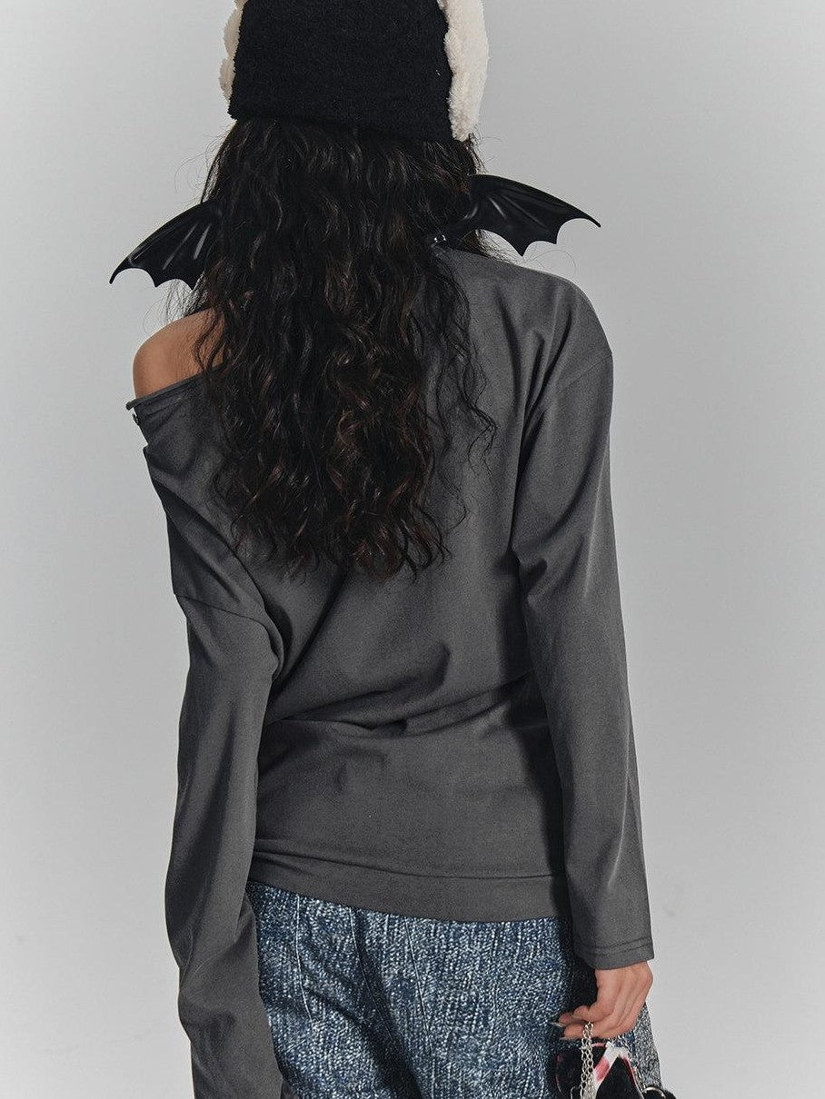 YUKAHOUSE Gray Slanted Shoulder Print Loose Women's Cotton Blend Long Sleeve T-shirts