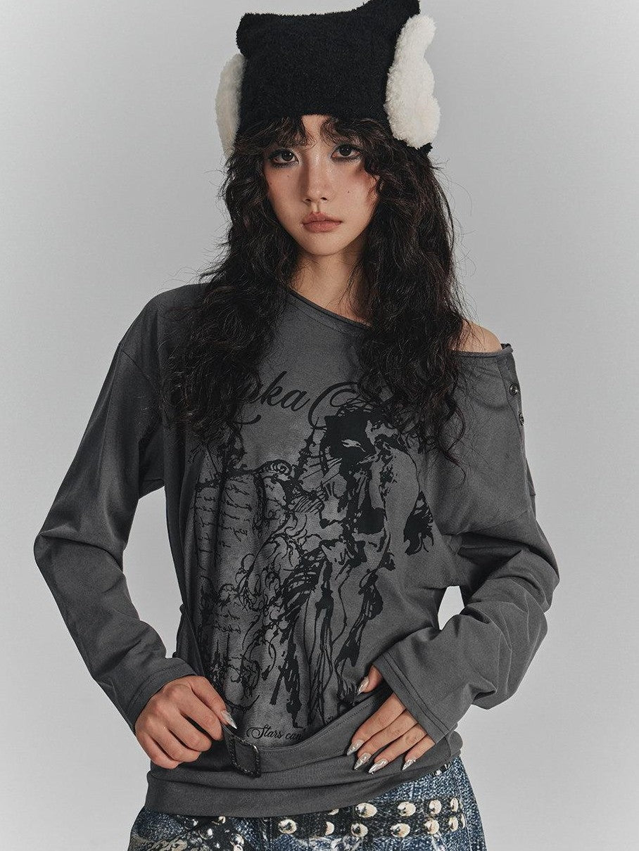 YUKAHOUSE Gray Slanted Shoulder Print Loose Women's Cotton Blend Long Sleeve T-shirts