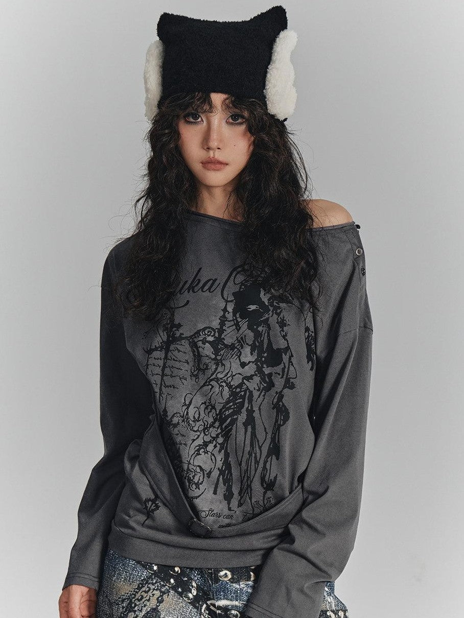 YUKAHOUSE Gray Slanted Shoulder Print Loose Women's Cotton Blend Long Sleeve T-shirts