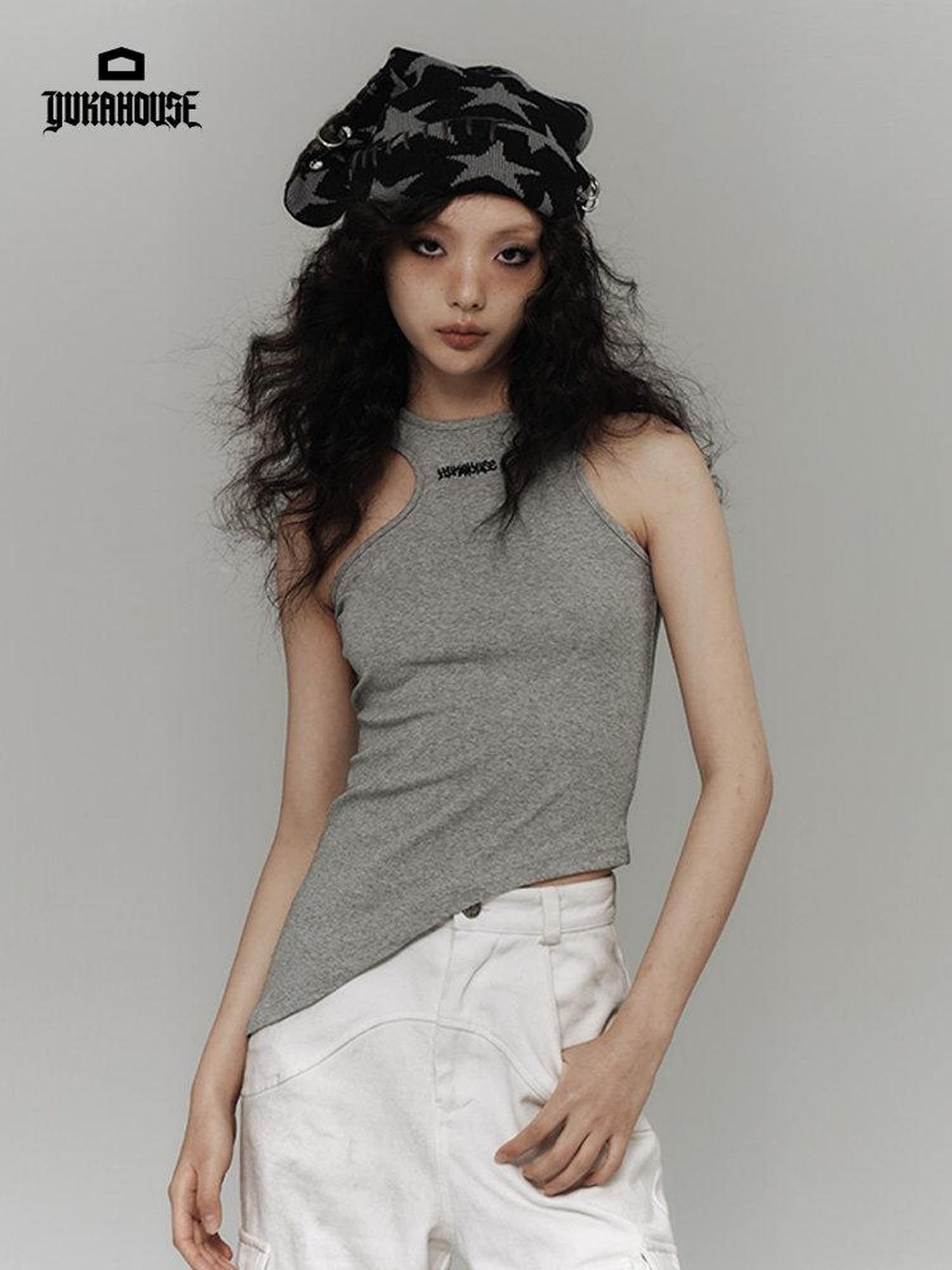 YUKAHOUSE Grey Lightweight Slim Fit Racerback Women's Cotton Spandex Blend Halter Tops