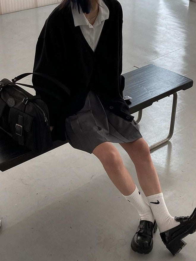 YUKAHOUSE Grey Minimalist Japanese College Retro High Waist A Line Women's Pleated Skirts