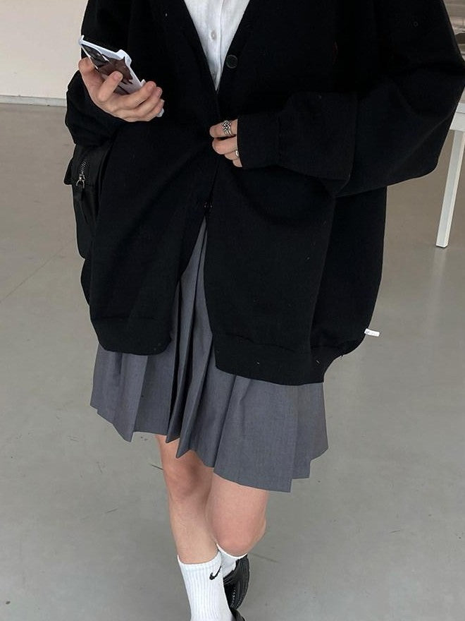 YUKAHOUSE Grey Minimalist Japanese College Retro High Waist A Line Women's Pleated Skirts