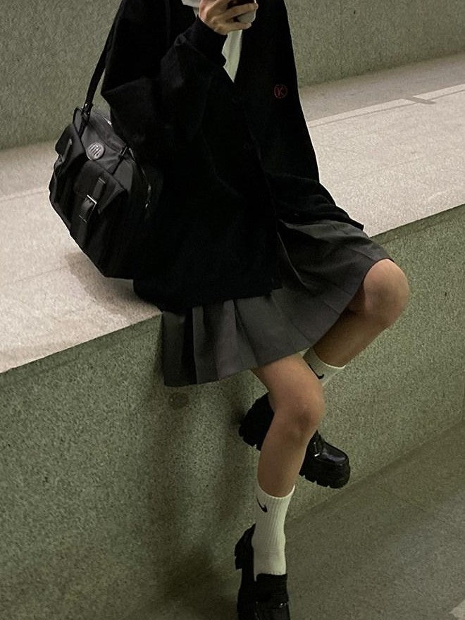 YUKAHOUSE Grey Minimalist Japanese College Retro High Waist A Line Women's Pleated Skirts