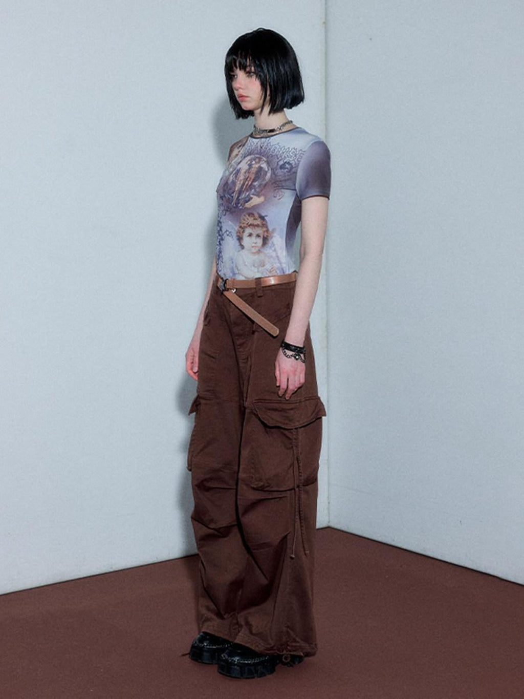 YUKAHOUSE High Waist Drawstring Cargo Street Punk Women's Cotton Stretch Wide-leg Pants