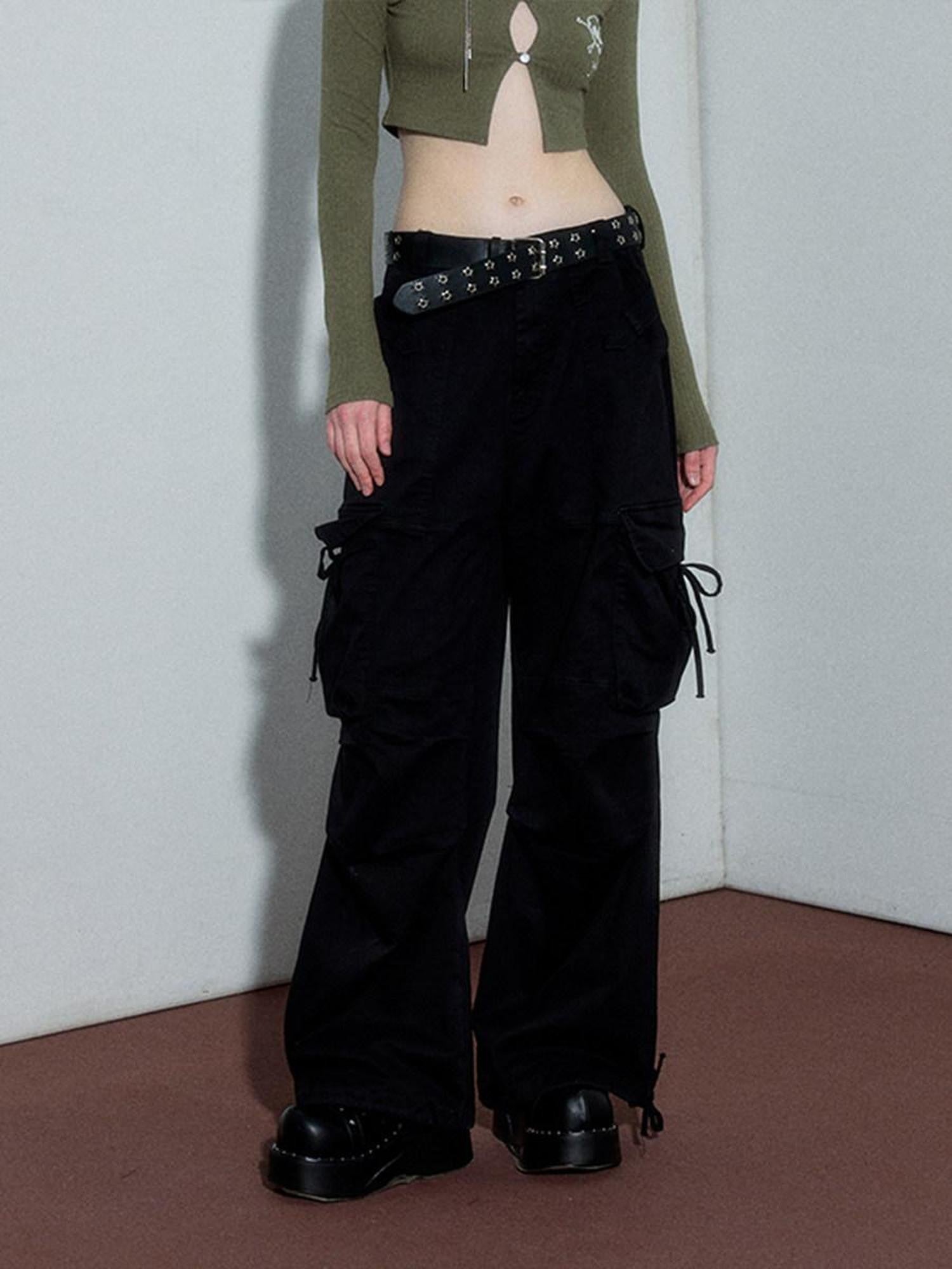 YUKAHOUSE High Waist Drawstring Cargo Street Punk Women's Cotton Stretch Wide-leg Pants