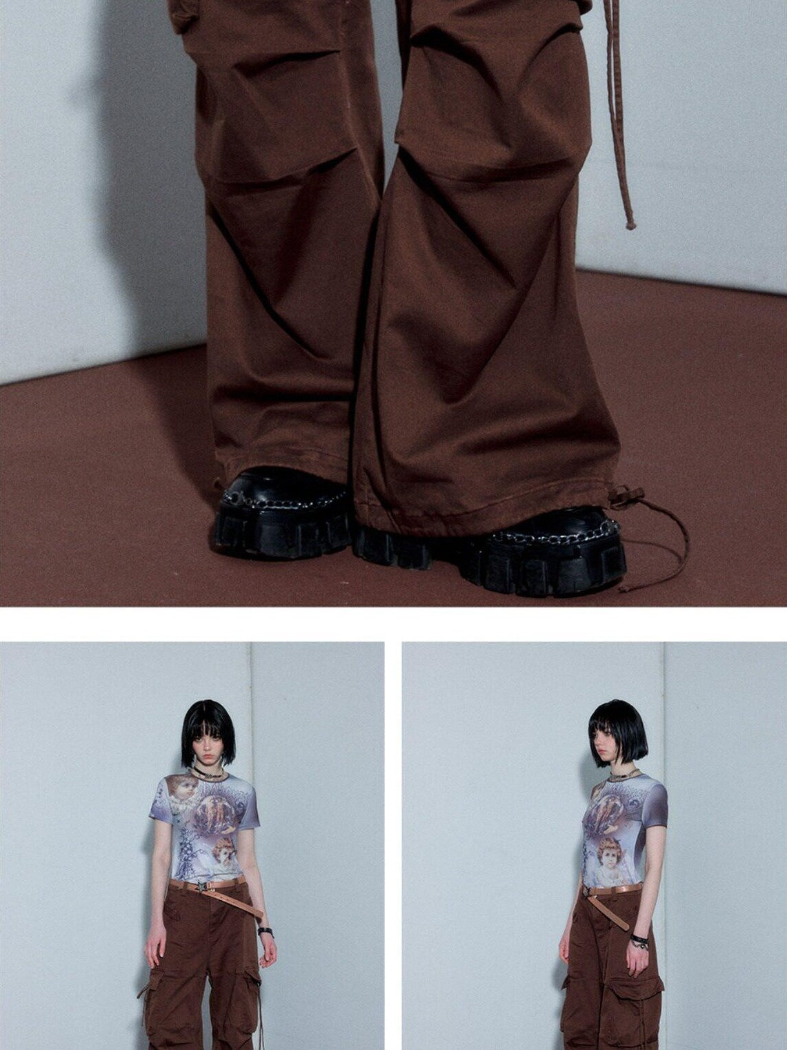 YUKAHOUSE High Waist Drawstring Cargo Street Punk Women's Cotton Stretch Wide-leg Pants