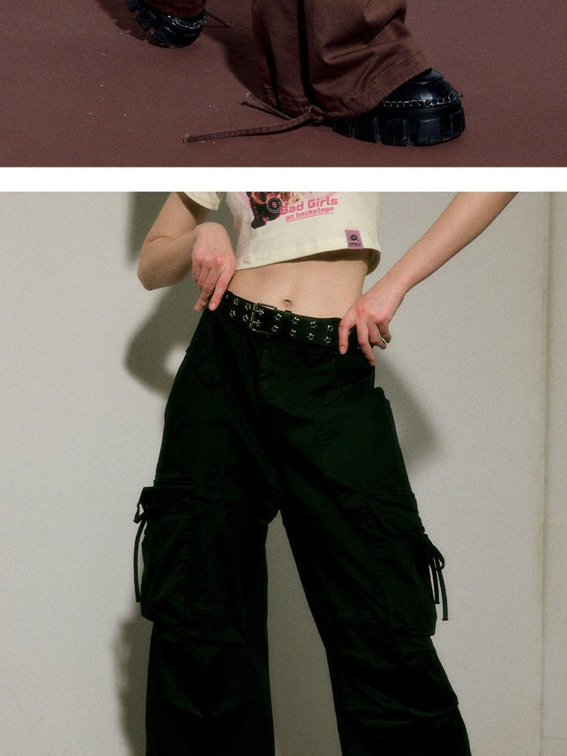 YUKAHOUSE High Waist Drawstring Cargo Street Punk Women's Cotton Stretch Wide-leg Pants