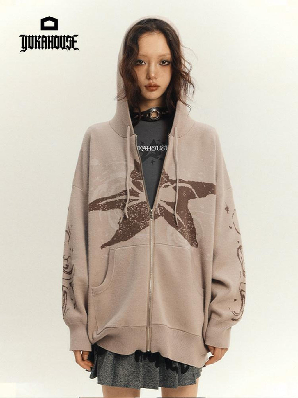 YUKAHOUSE Khaki Stand Collar Knit Loose Pocket Women's Viscose Blend Zip-up Hoodies